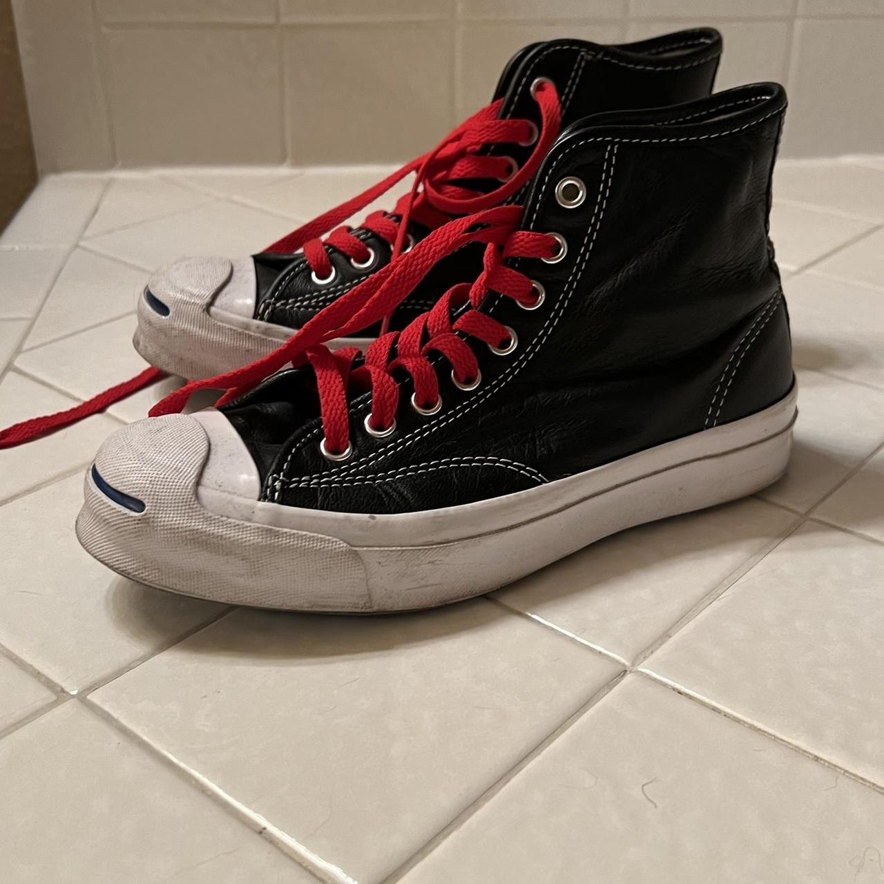 Black leather Converse with red laces Size 4 on in. Depop