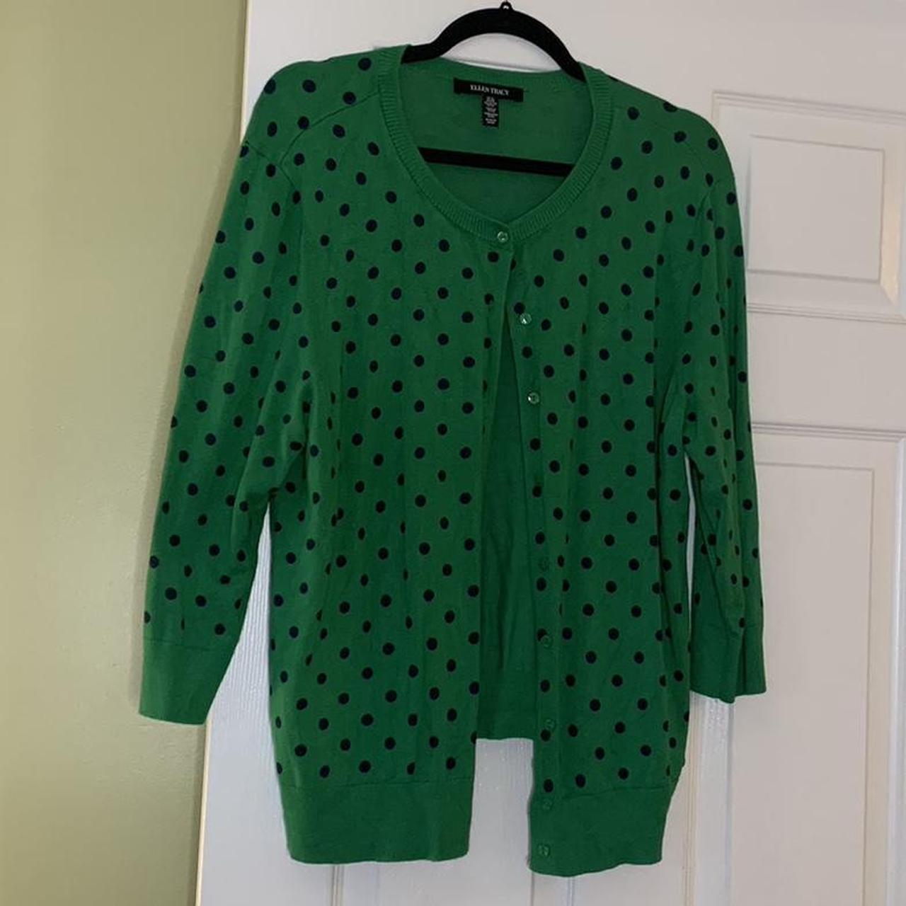 Ellen Tracy green/navy polka dot button up cardigan.... - Depop
