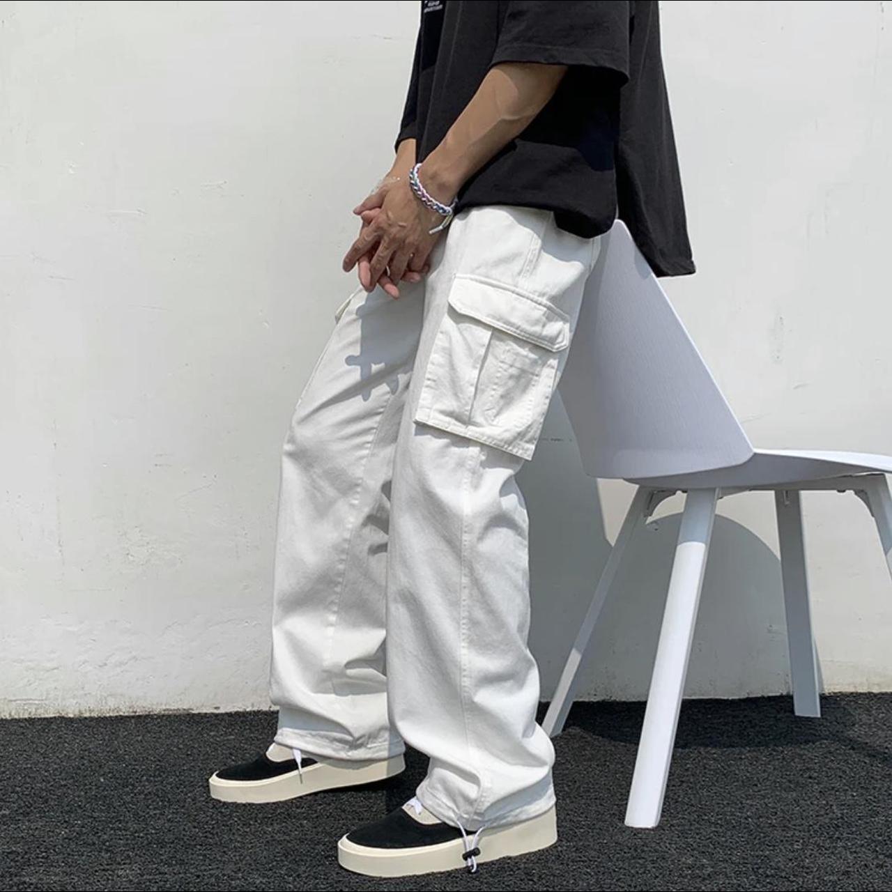 WHITE BAGGY CARGOS Y2K STYLE white cargos baggy... - Depop