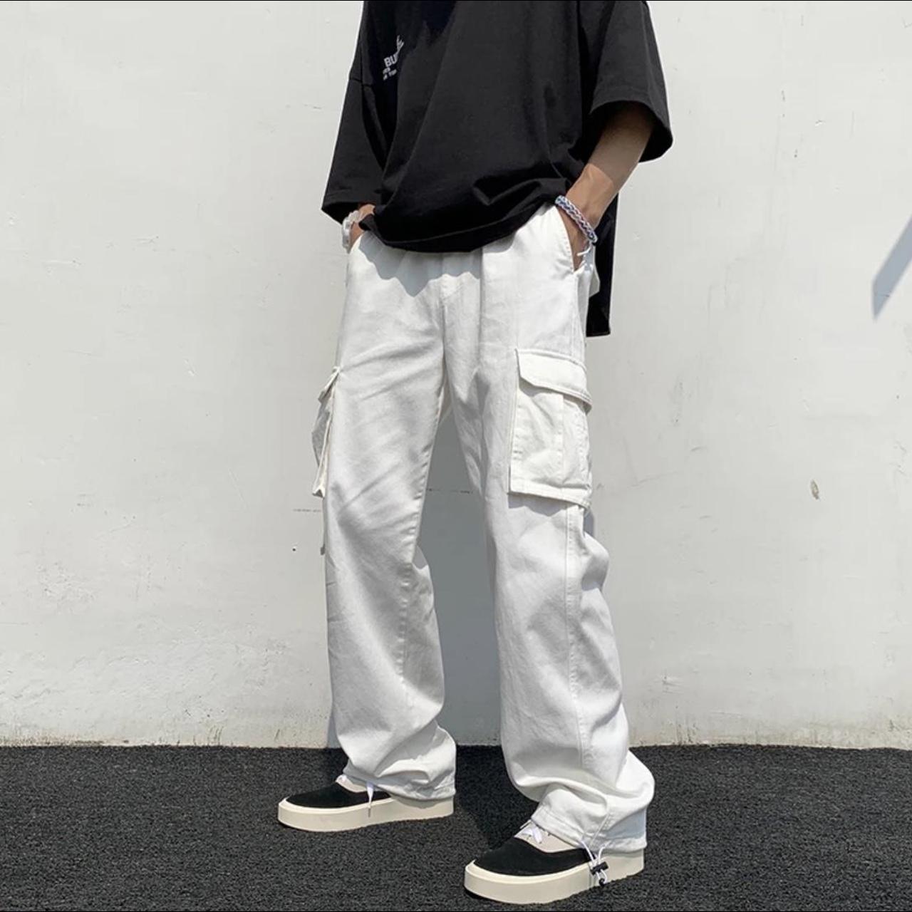 WHITE BAGGY CARGOS Y2K STYLE white cargos baggy... - Depop