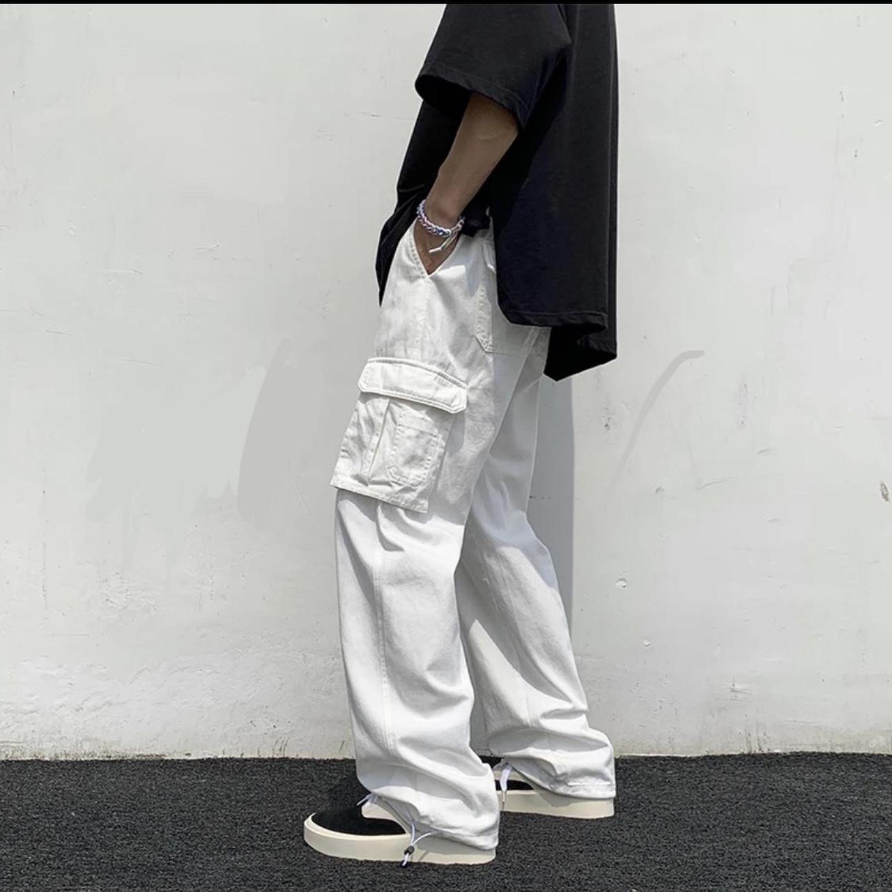 WHITE BAGGY CARGOS Y2K STYLE white cargos baggy... - Depop