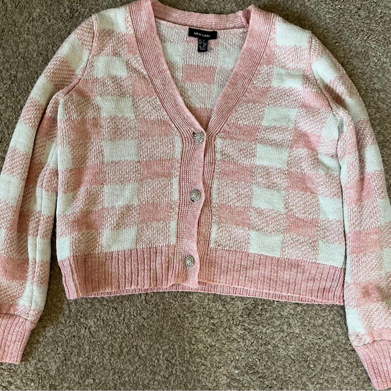 newlook pink and white check cardigan excellent... Depop