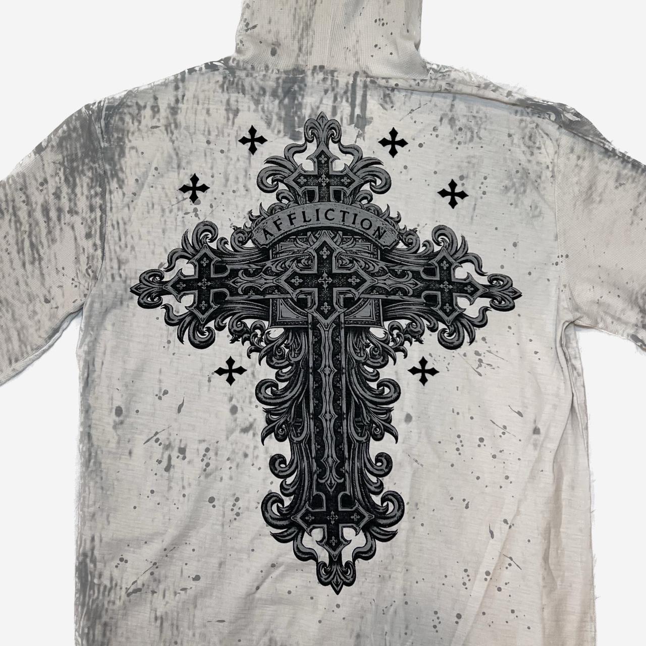 AFFLICTION HOODED LONG SLEEVE HUGE UNIQUE CROSS BACK... - Depop