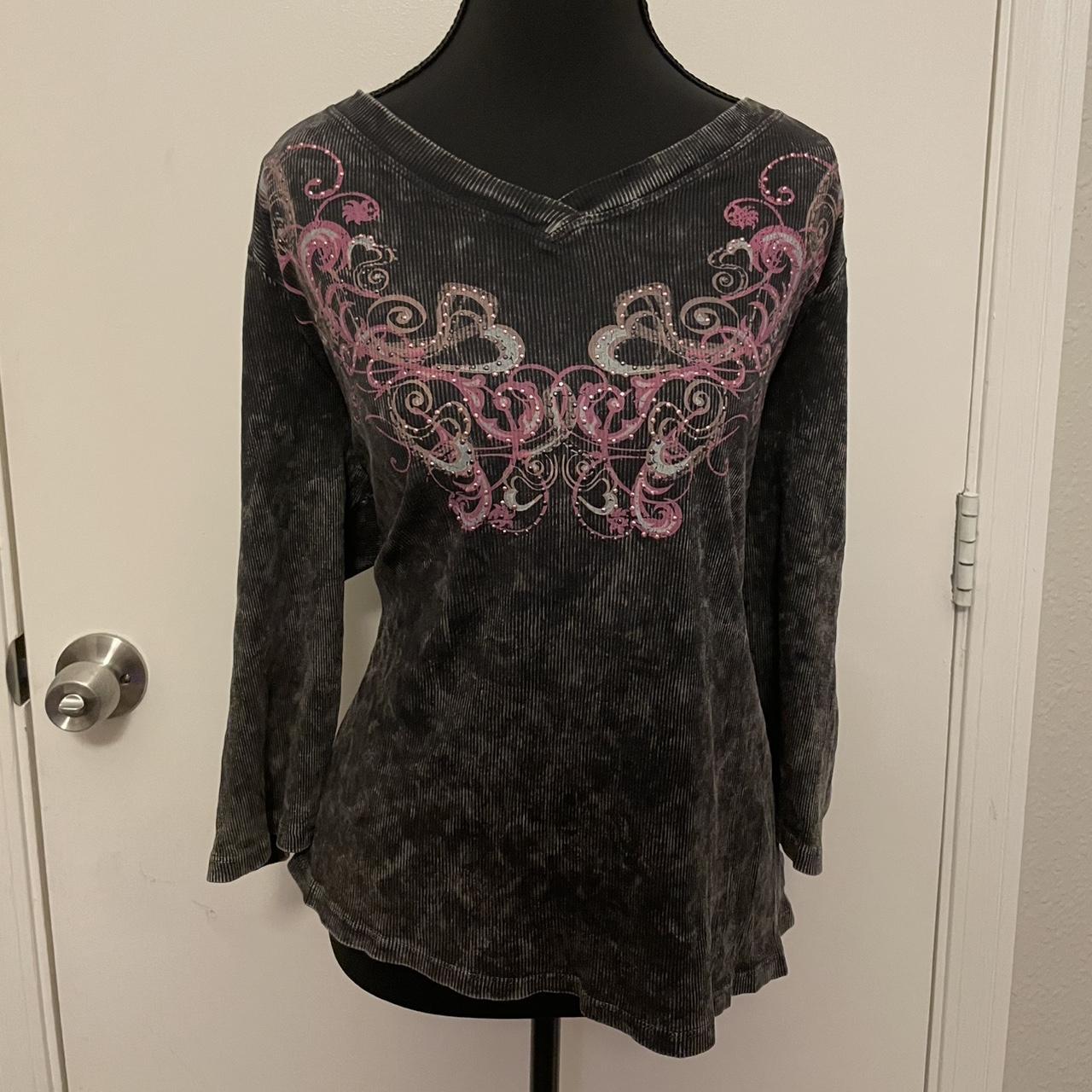 Style & Co Women's Shirt - Black/Grey - XXL – Grey and pink long sleeve top #longsleeve …