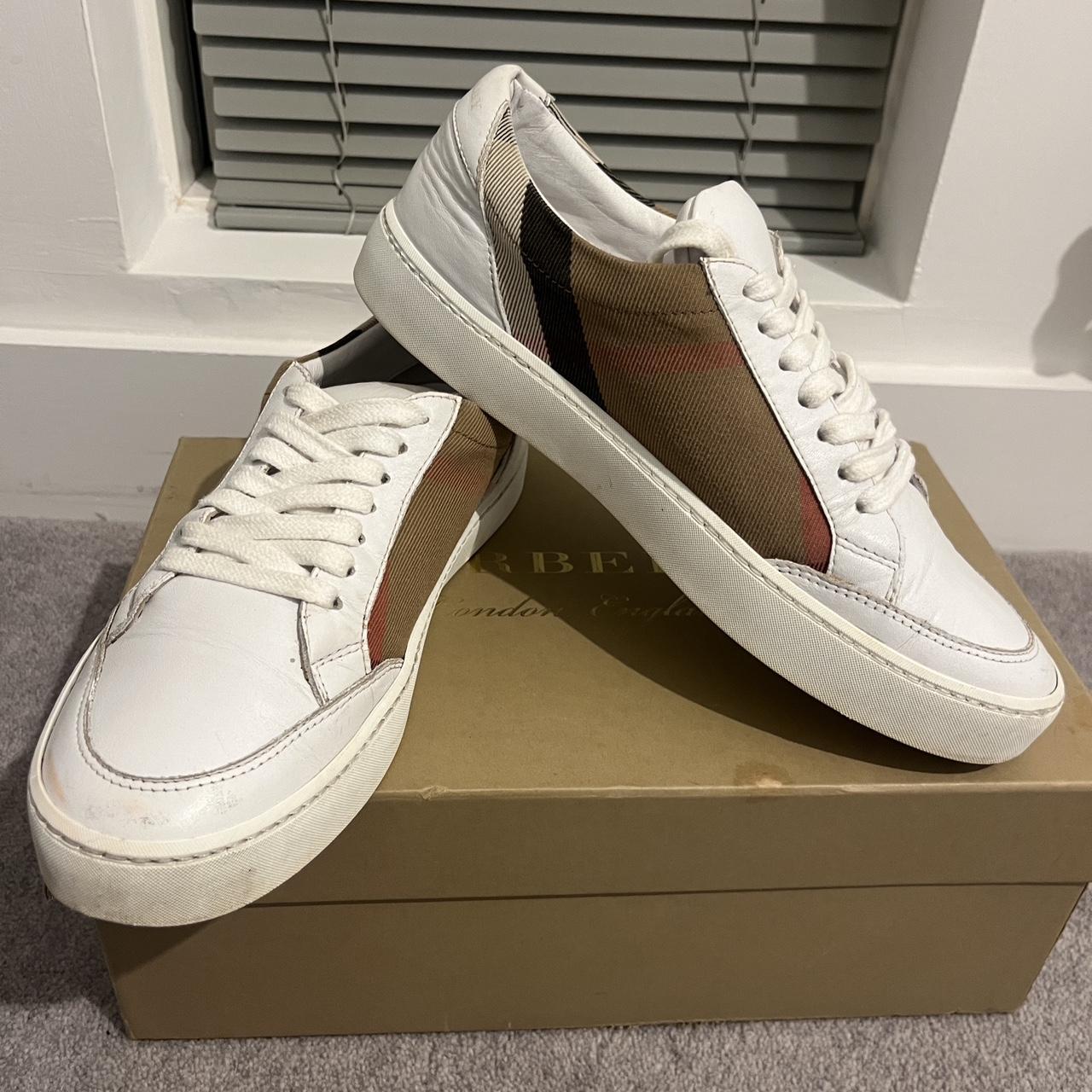 Burberry House check and white leather trainers. Depop