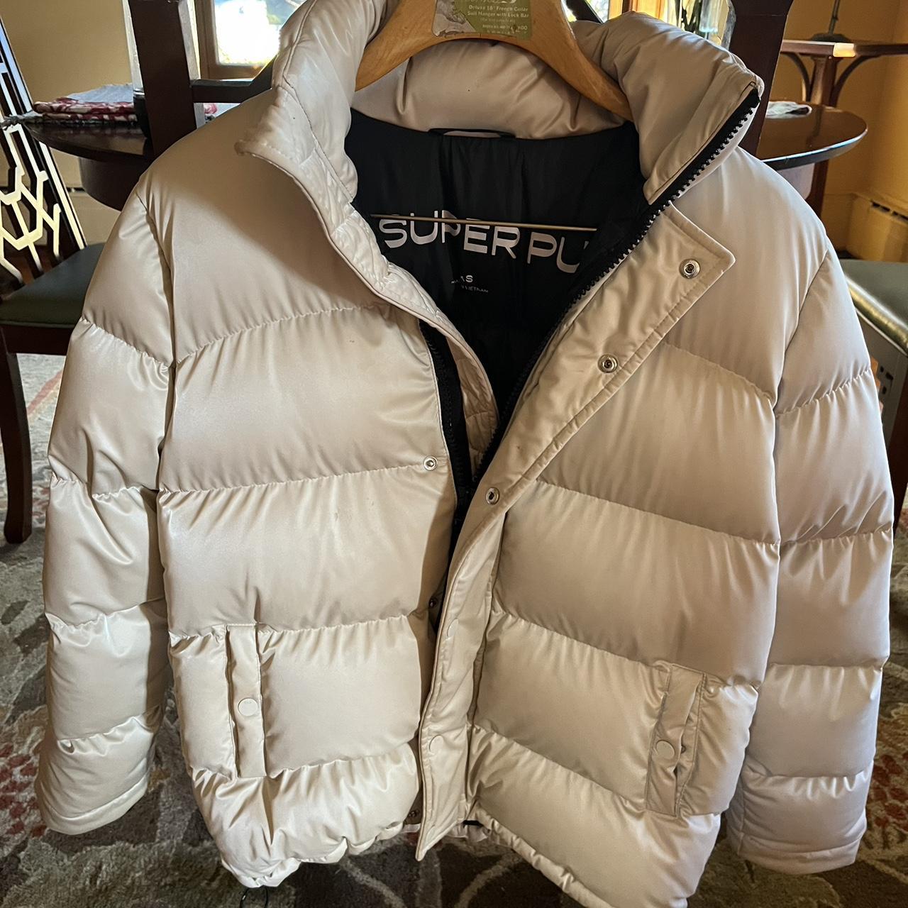 Aritzia cream glossy super puff size extra small... - Depop