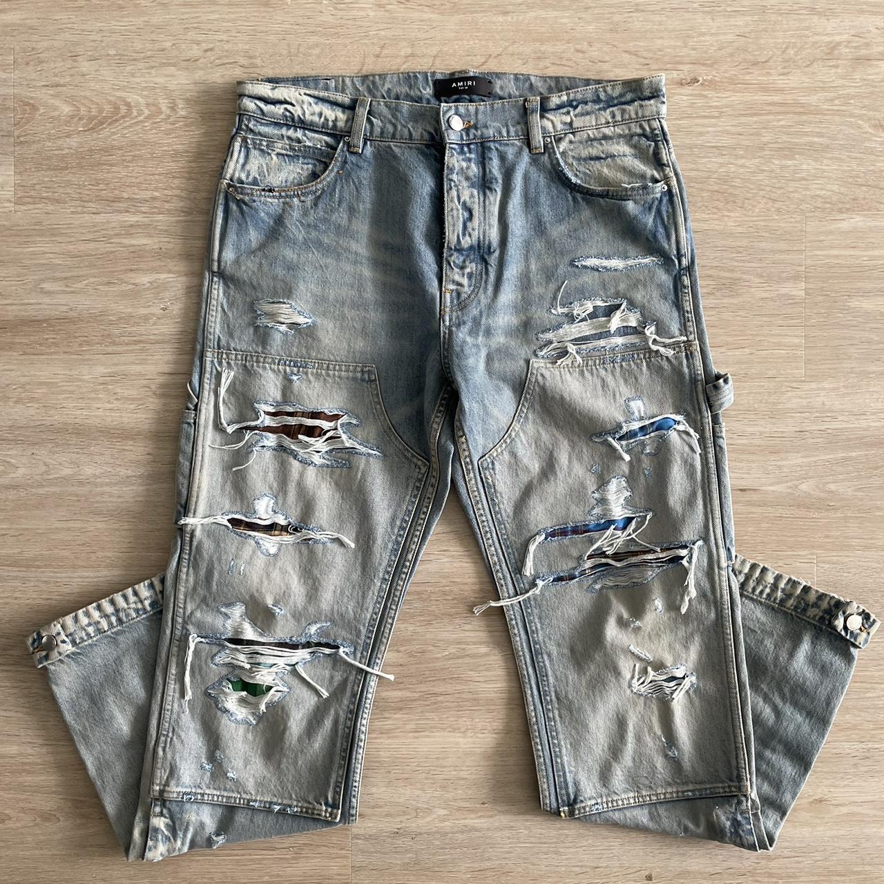 Amiri Distressed Straight Leg Jeans with Multi Color... - Depop