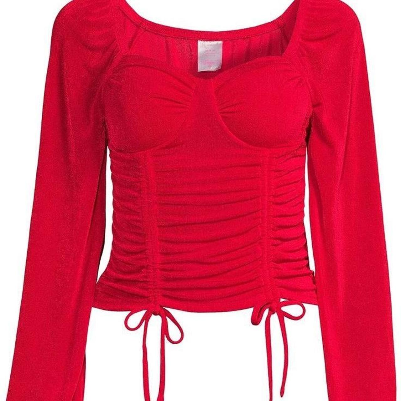 y2k ruched peasant red long sleeve crop top ! -... - Depop