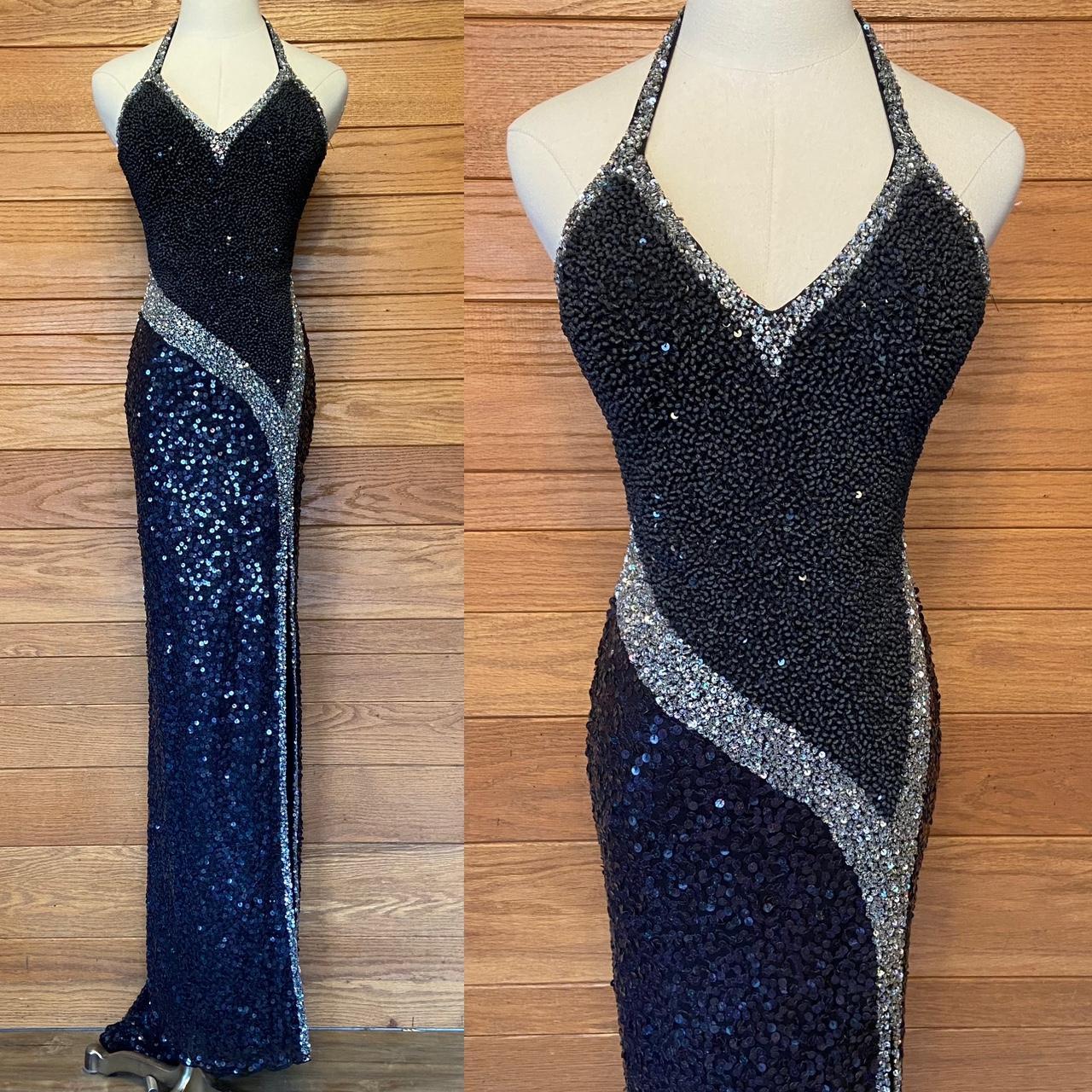 Y2K Precious Formals black beaded sequin high slit... - Depop