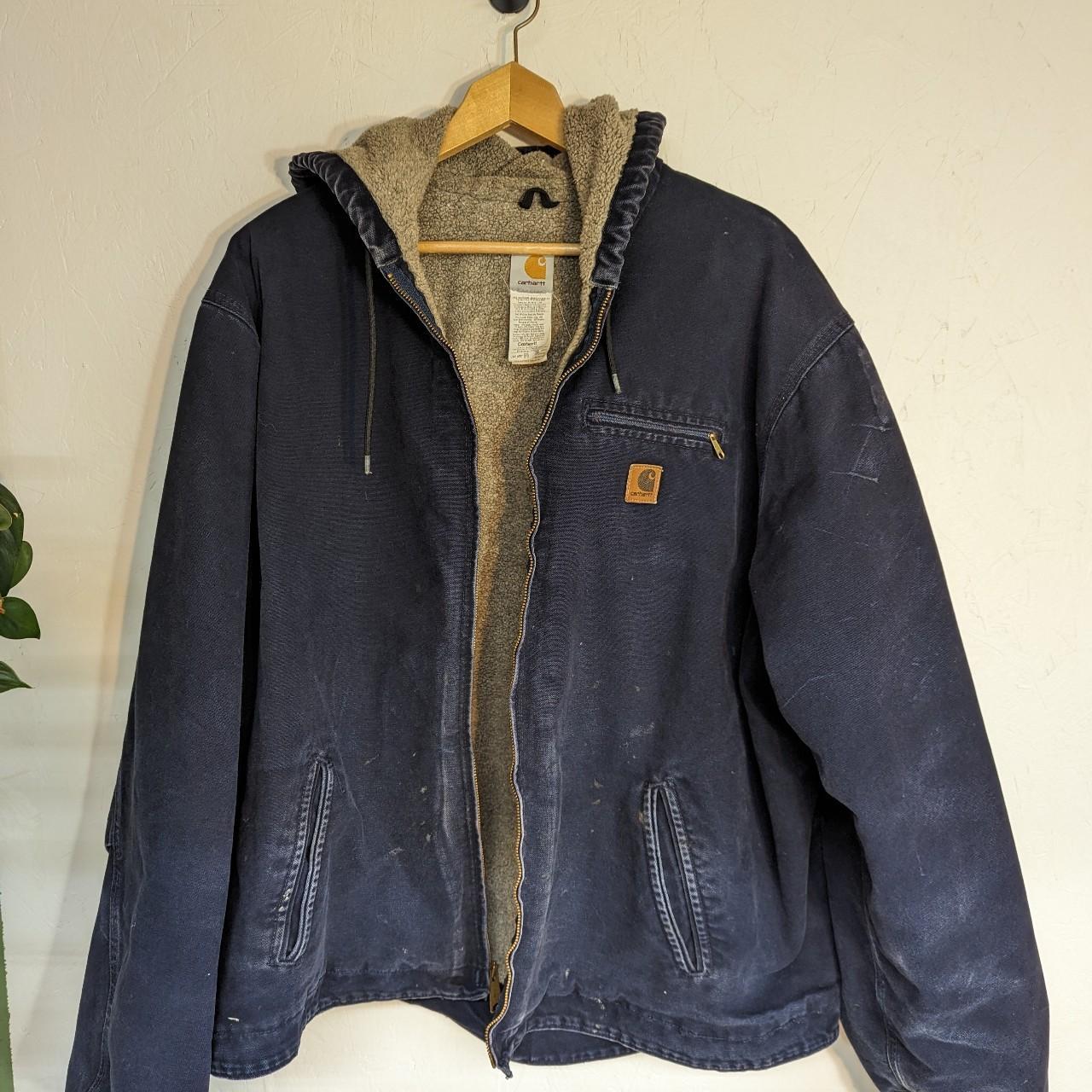 Carhartt jacket distressed Color: Navy Shell:100%... - Depop