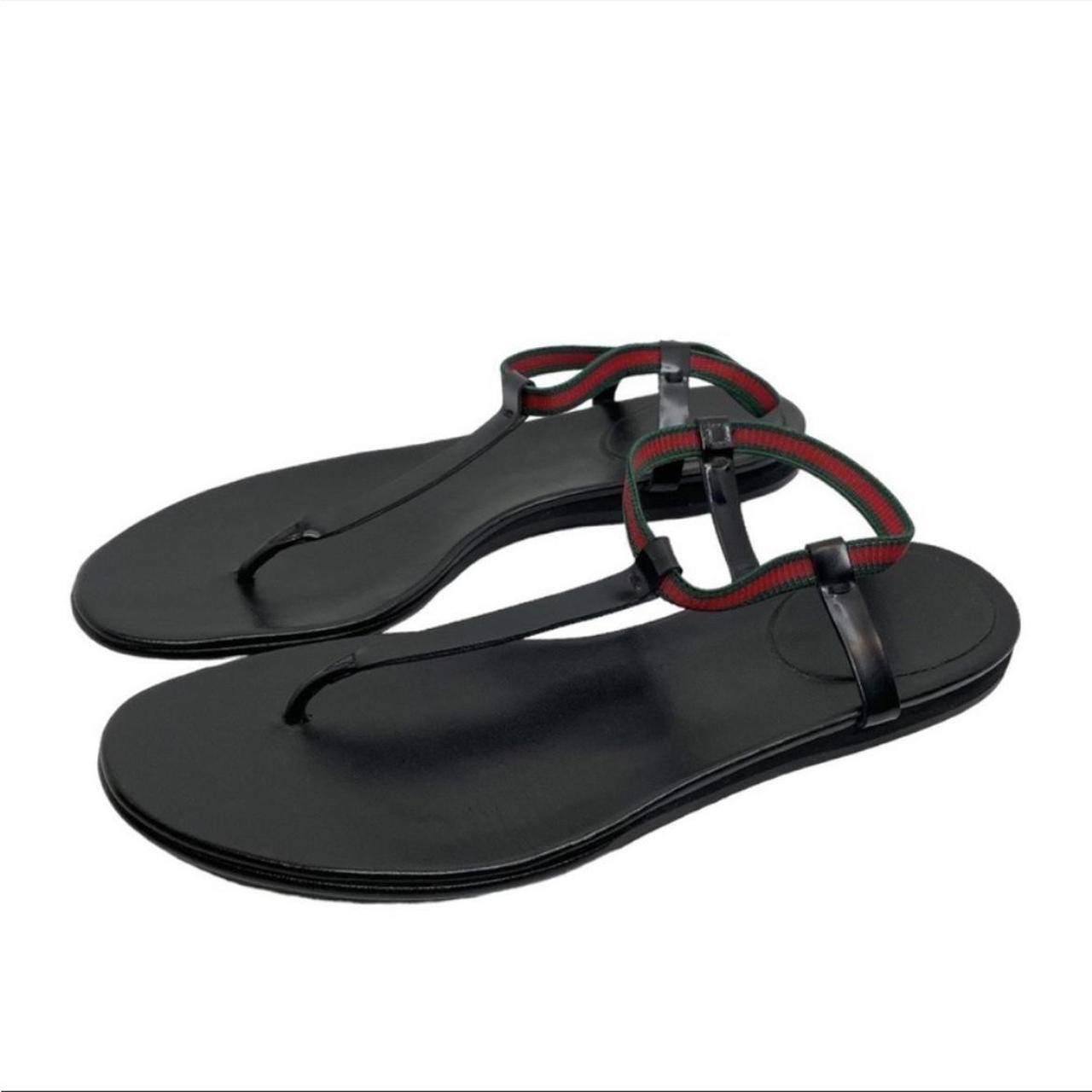 Gucci Black Leather Web Areia Thong Sandals Size 39... - Depop