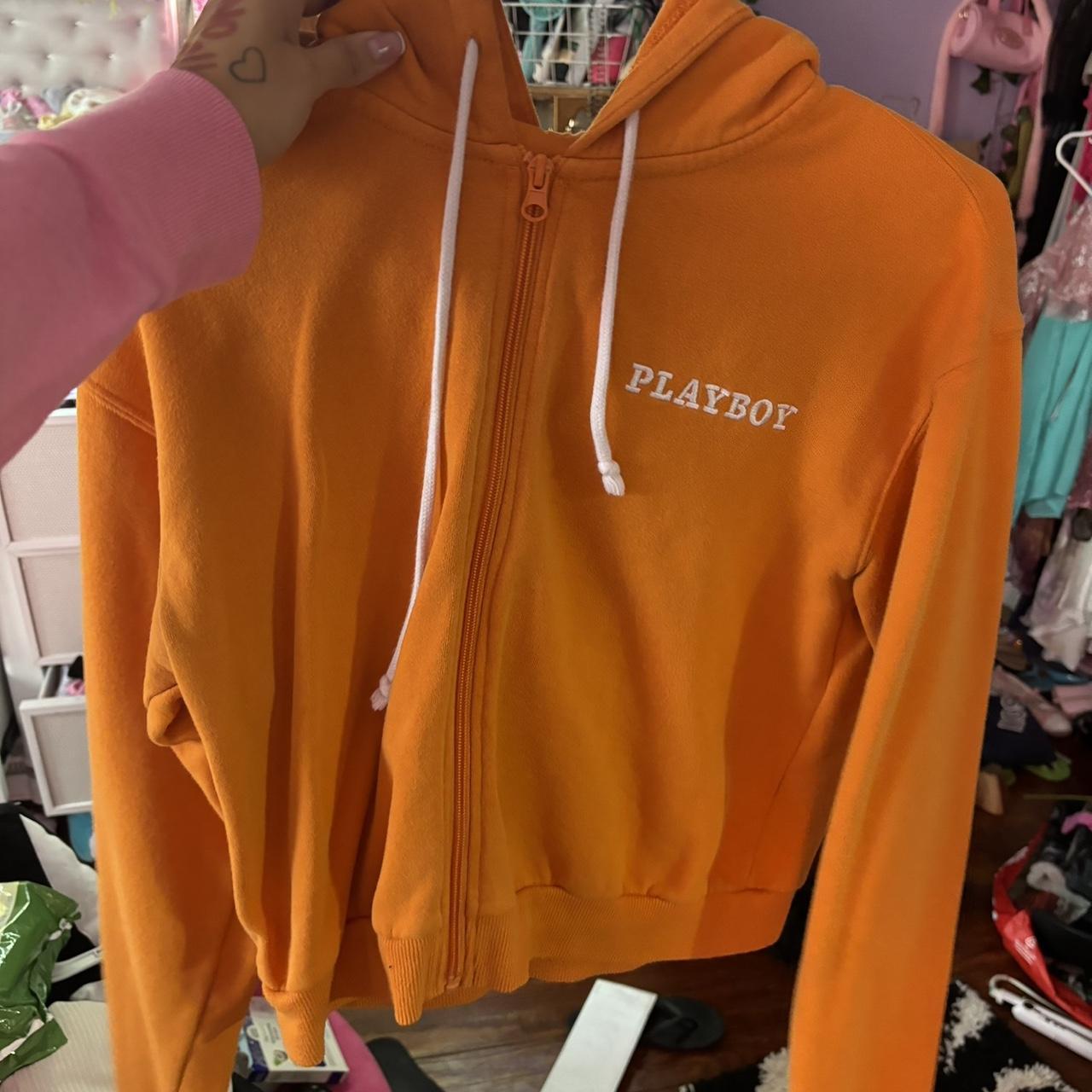 Orange Playboy zip-up cropped hoodie #lounge Depop