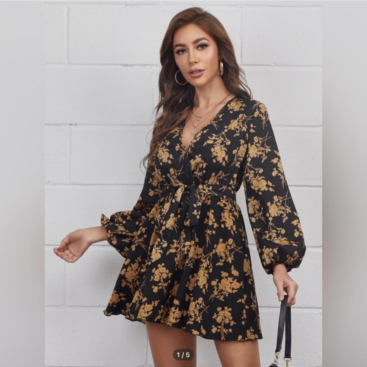 SHEIN Women's Black and Gold Dress Depop