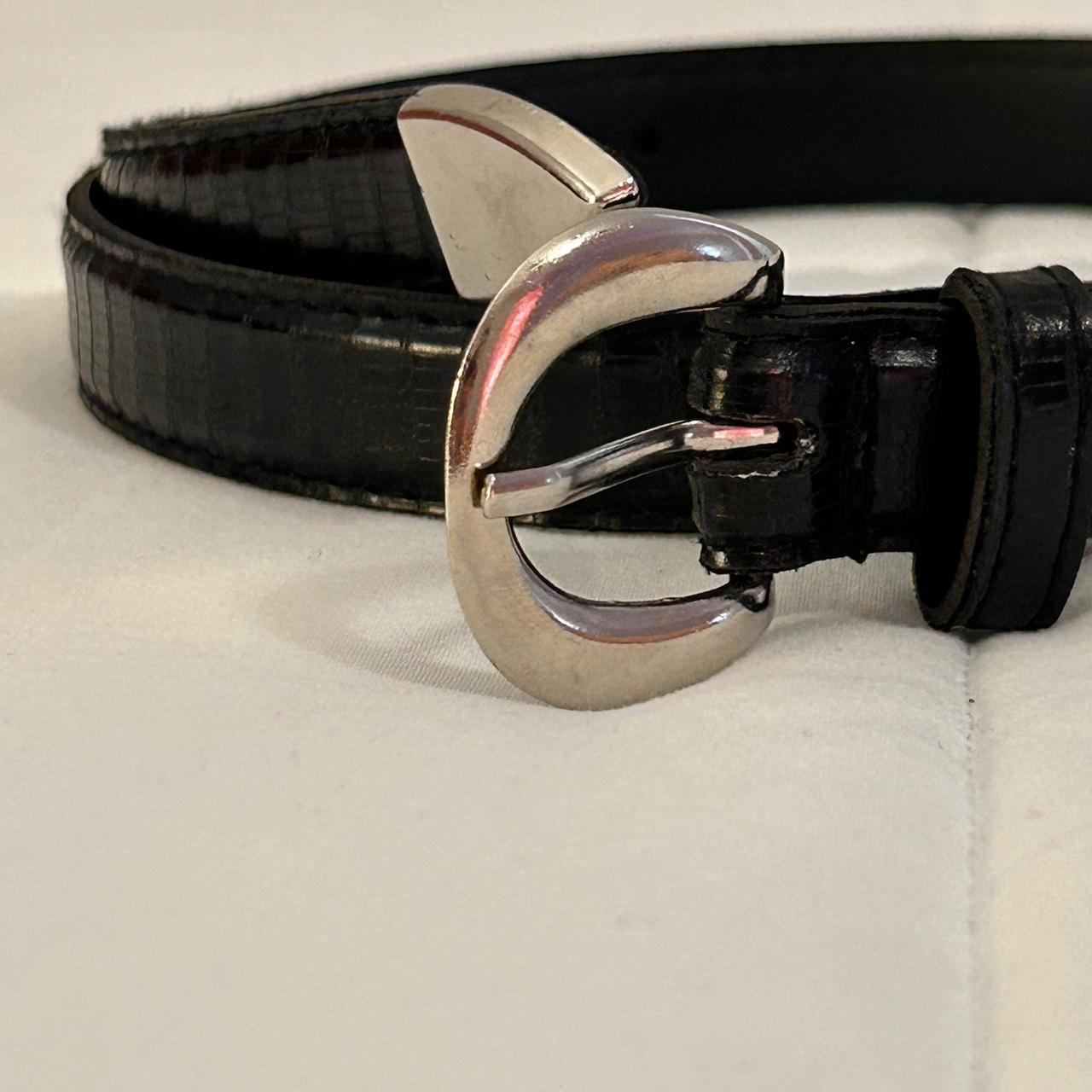 Black Faux Snakeskin Leather Belt with Silver Buckle... - Depop