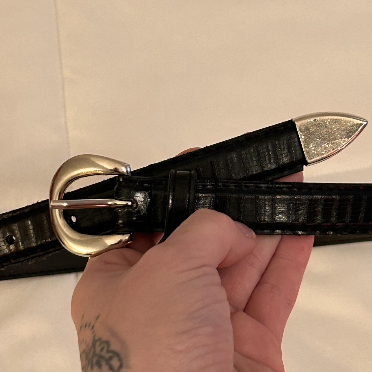 Black Faux Snakeskin Leather Belt with Silver Buckle... - Depop