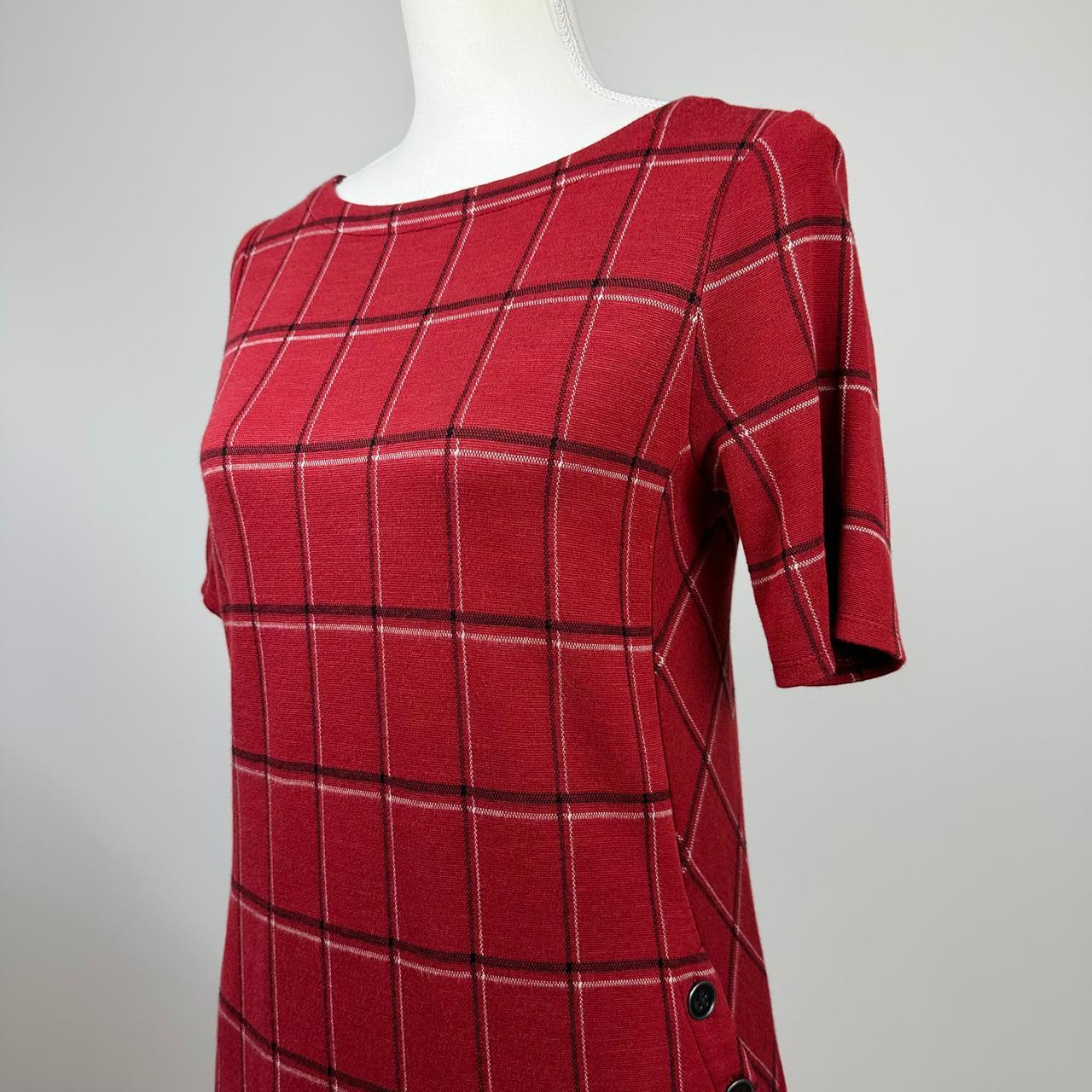 J Jill Women's Size XL Ponte Red Black Check Pullover Top Button Detail
