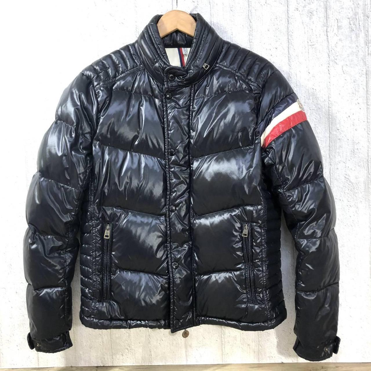 MONCLER BLACK PUFFER JACKET WITH RED AND WHITE... - Depop