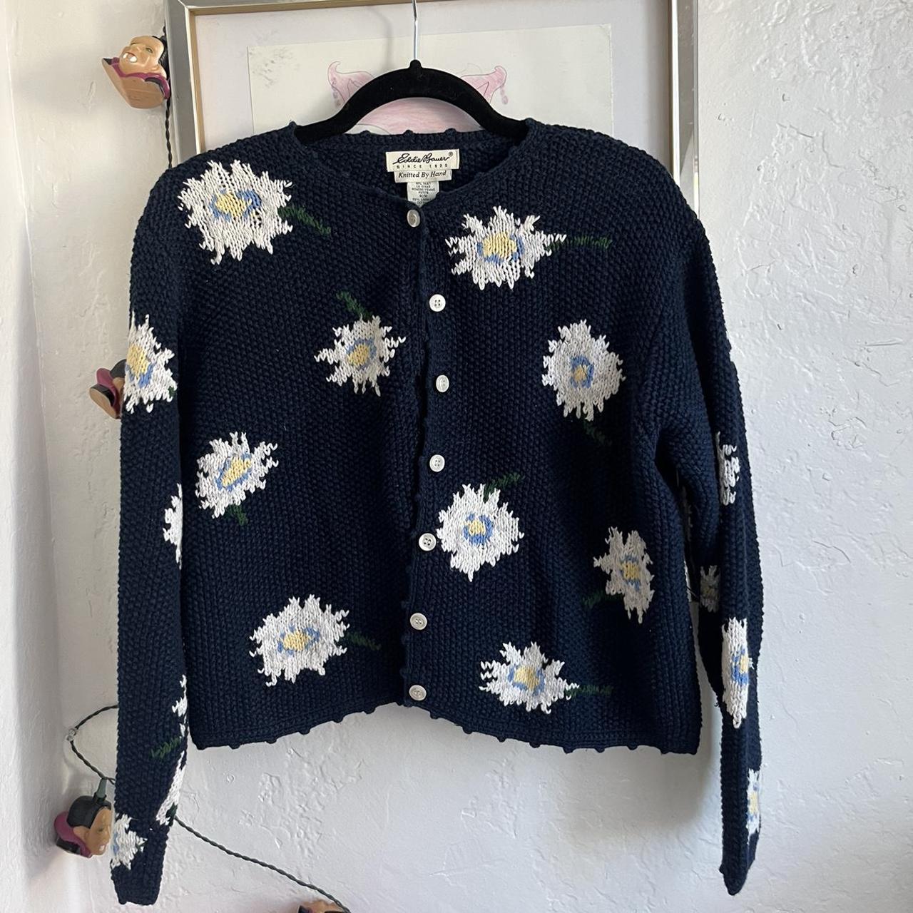 Vintage Eddie Bauer Hand Knit Flower Cardigan. Depop