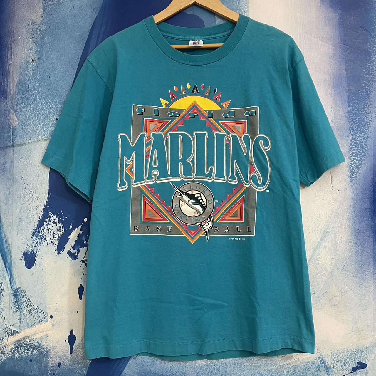 Vintage 1993 Florida Marlins Logo 7 T-Shirt Mens... - Depop