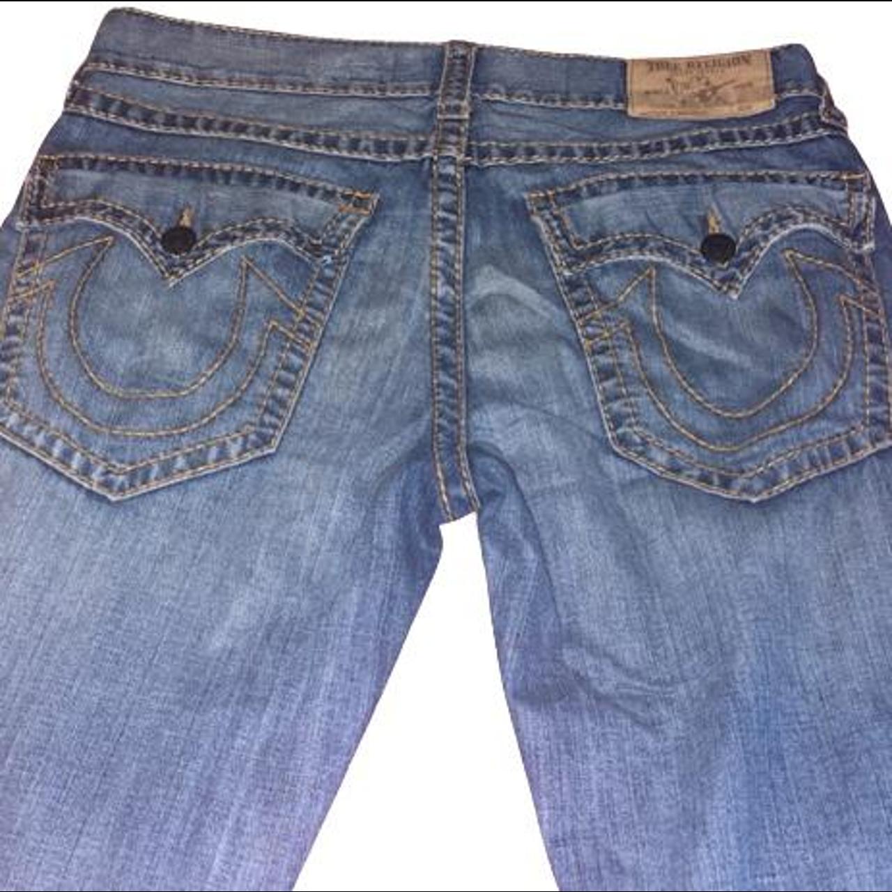 BLUE AND BROWN STITCH TRUE RELIGION JEANS SIZE 34 - Depop