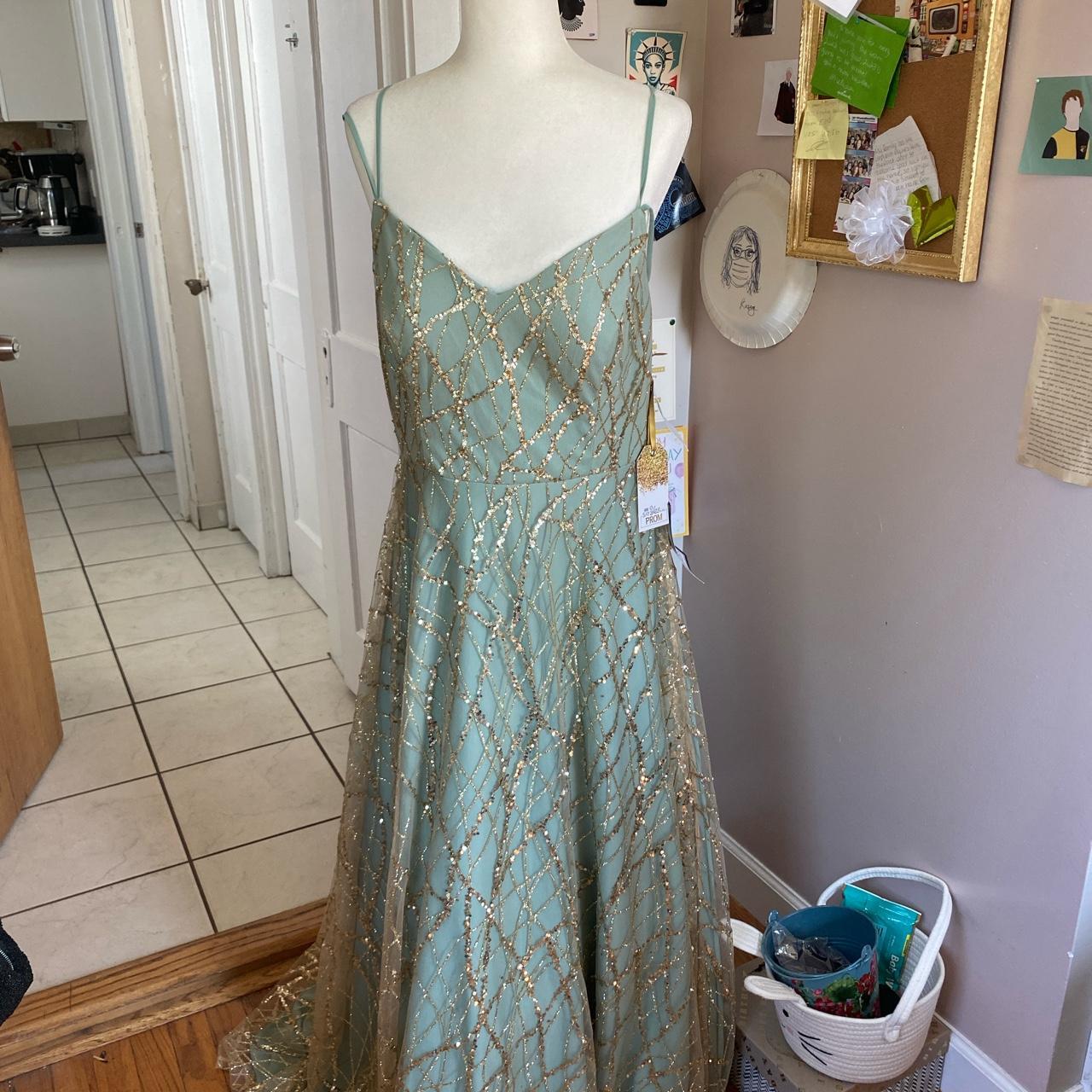 Sage green with gold sparkles long prom dress Tags... - Depop