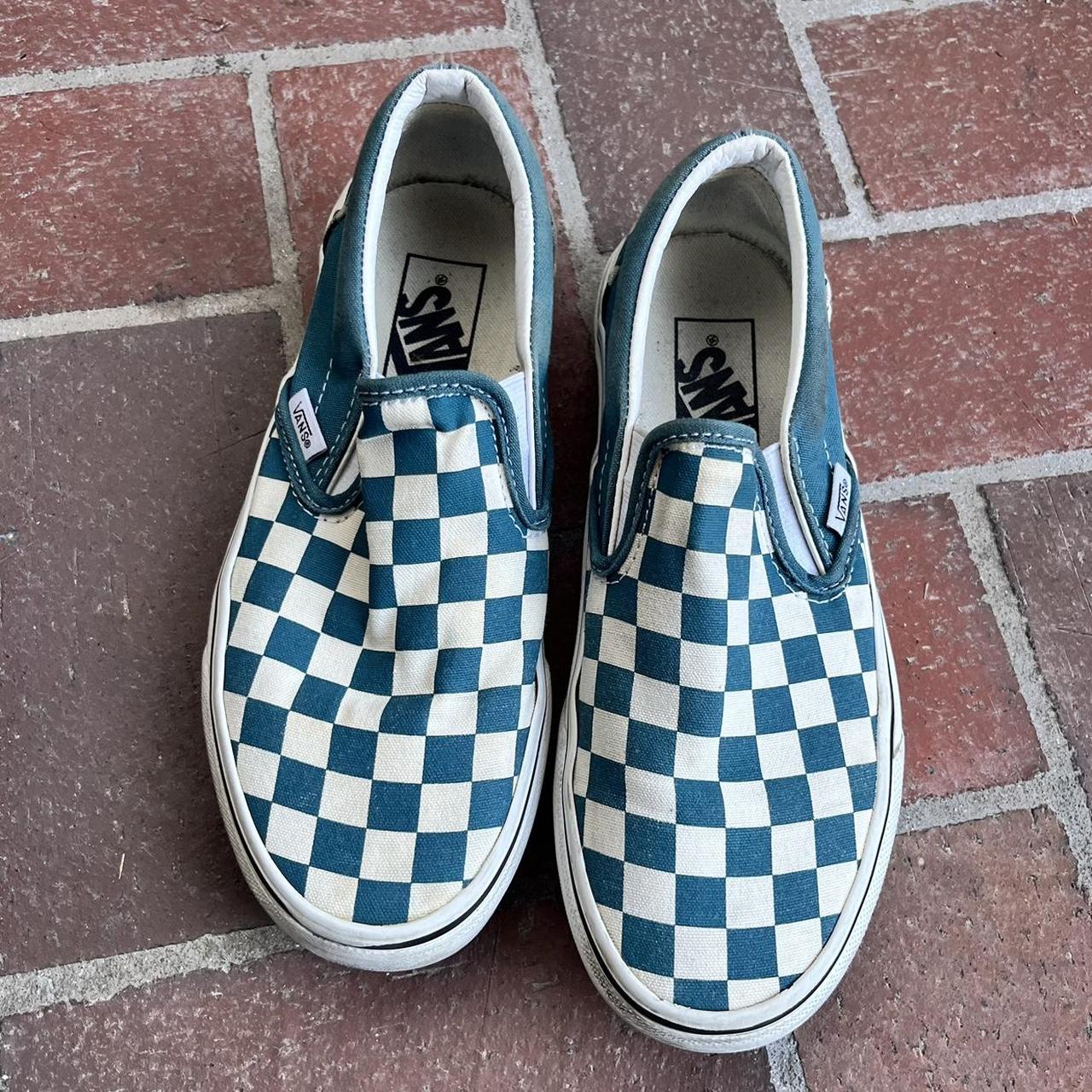 Blue turquoise and white checkered slip on Vans. Depop