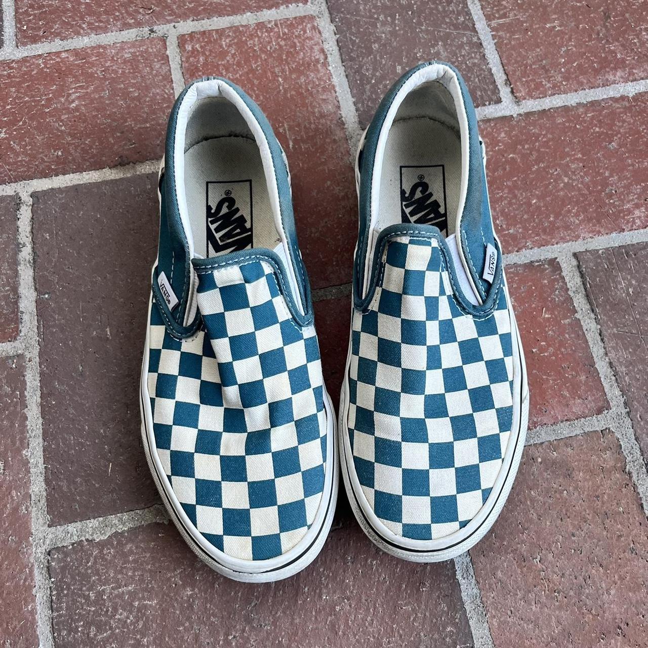 Blue turquoise and white checkered slip on Vans. Depop