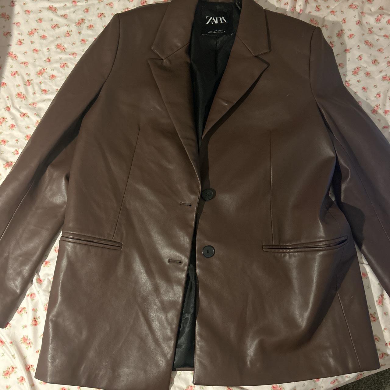 brown leather jacket from zara! cute with buttons 🎀... - Depop