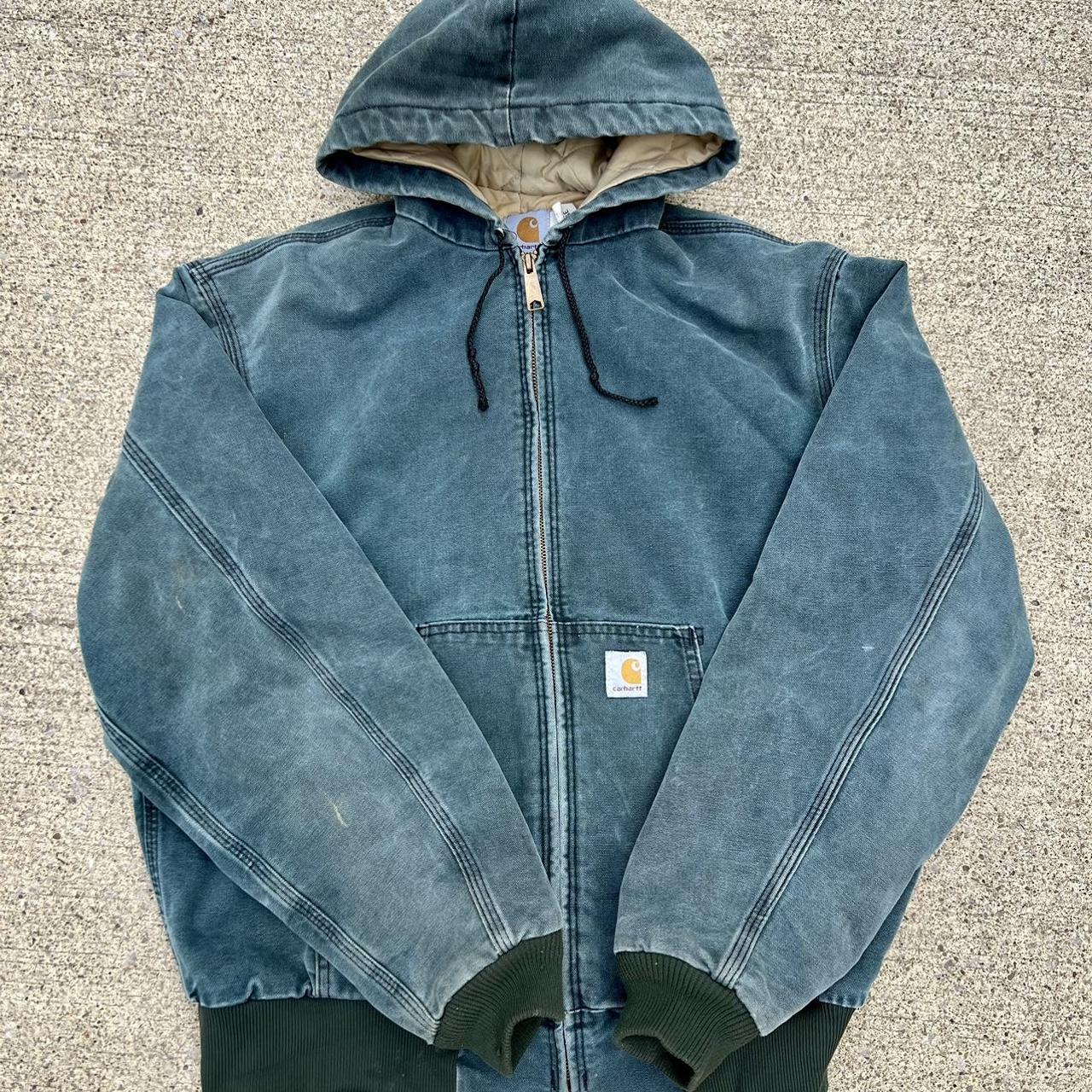 vintage carhartt jacket beautifully faded green... - Depop