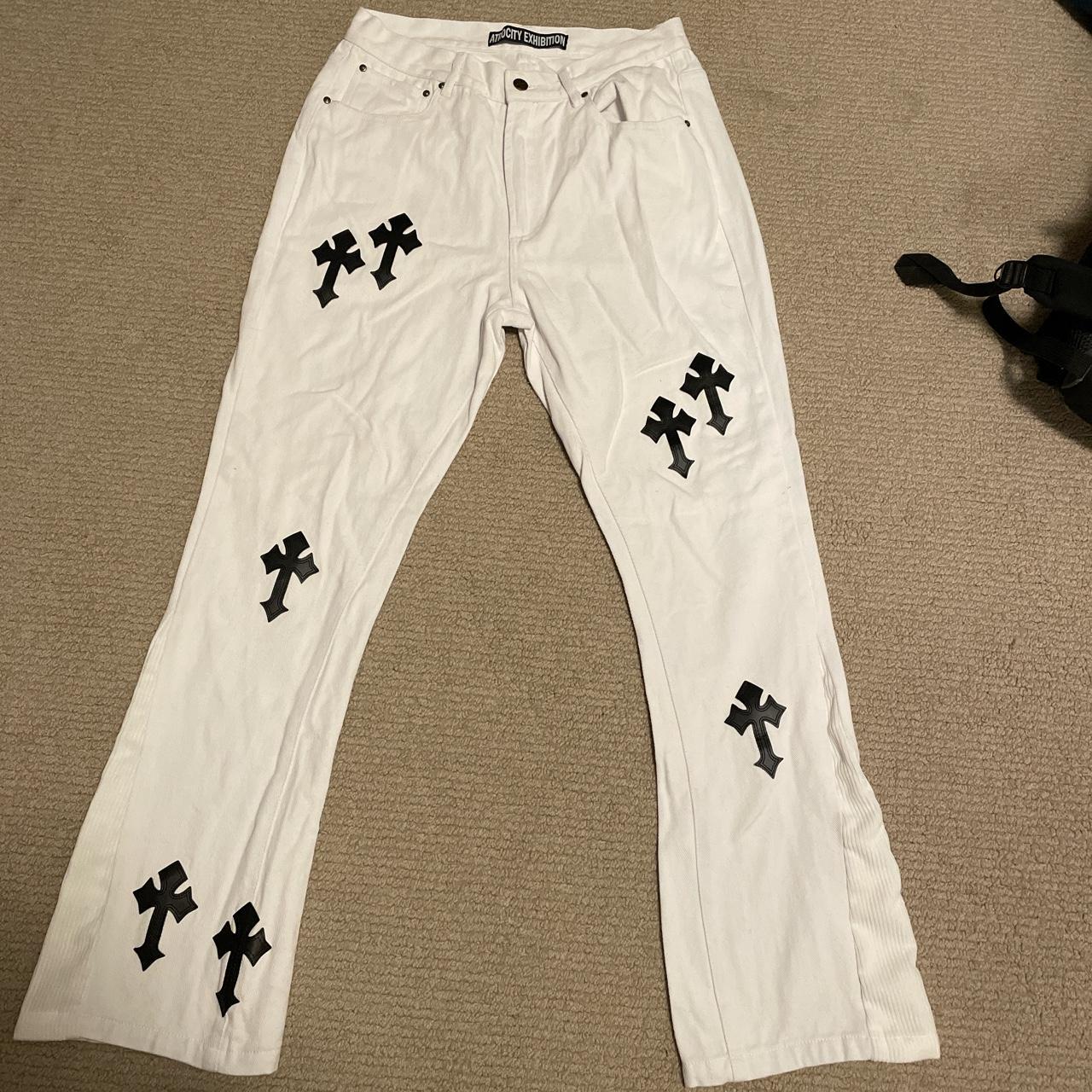 Chrome Hearts Men's White and Black Jeans | Depop