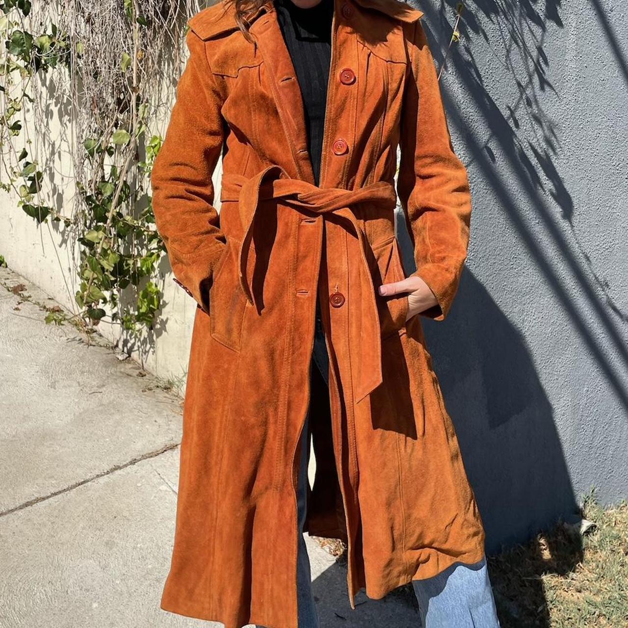 Vintage Orange Leather Trench Coat by Top skins | Depop