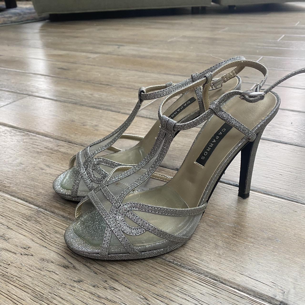 sparkly silver block heels