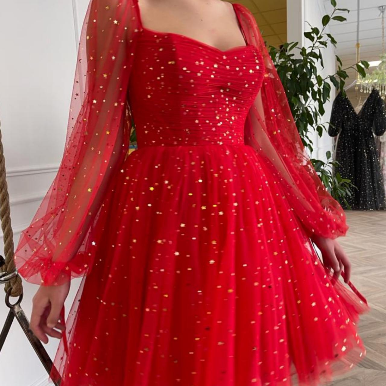 Teuta Matoshi - Scarlet Red Mini Dress -Starry tulle... - Depop