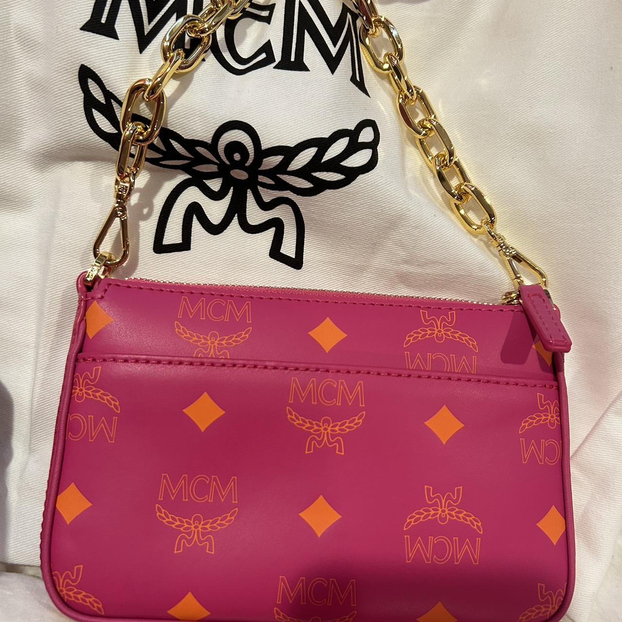 MCM Splash Logo Fuchsia Pink Smooth Leather Mini Pouch Crossbody