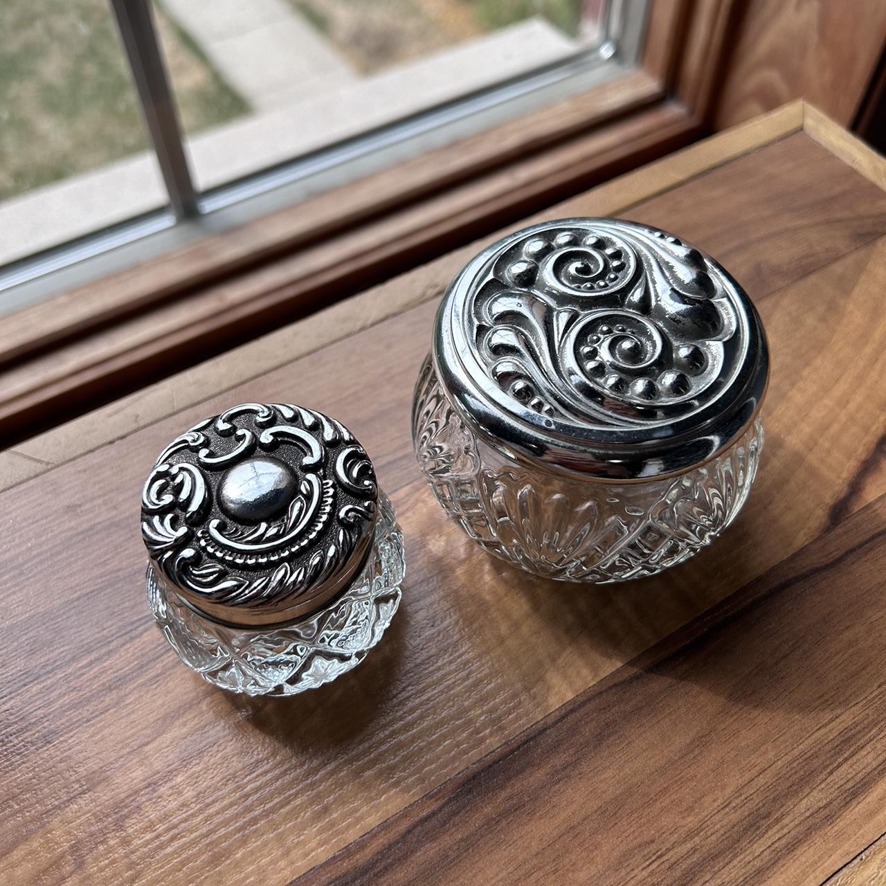 Set of vintage Avon glass jars with ornate screw... Depop