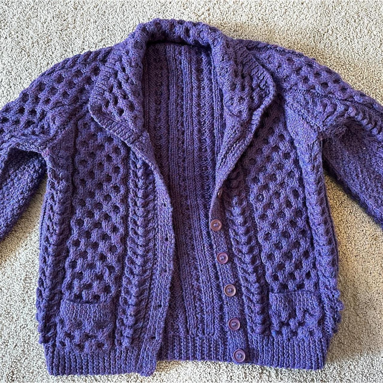 Beautiful hand knit purple chunky button up sweater Depop