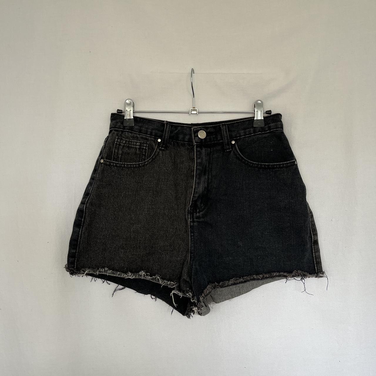 Prettylittlething half black/half grey denim shorts,... Depop