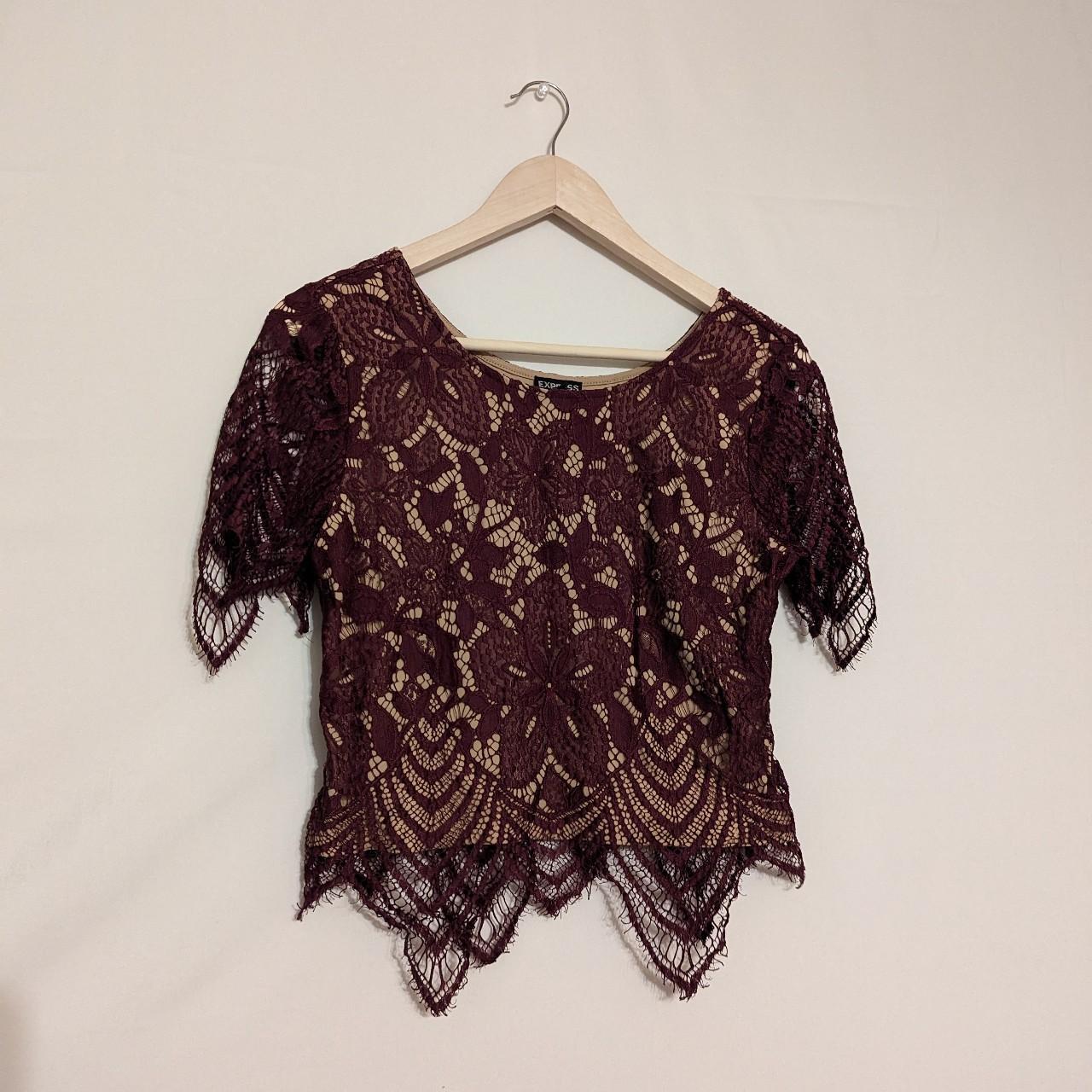 Express Burgundy lace crop top with nude liner and... - Depop