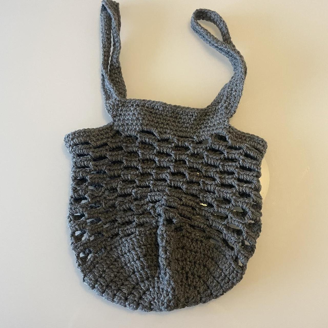 Grey Handmade Crochet Shopping Bag. Body Of Bag - Depop