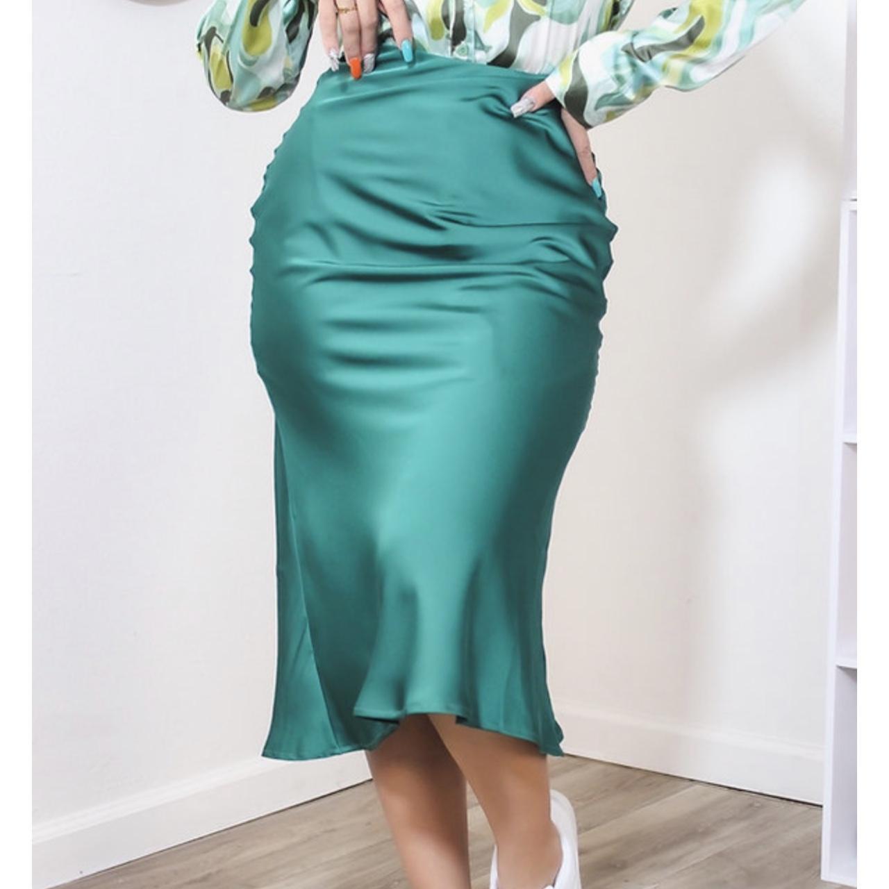 worn once -green midi skirt -satin Depop