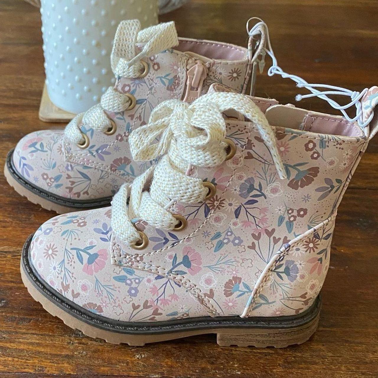 Cat & Jack Giovanna Pink Floral Combat Boots. Size... Depop