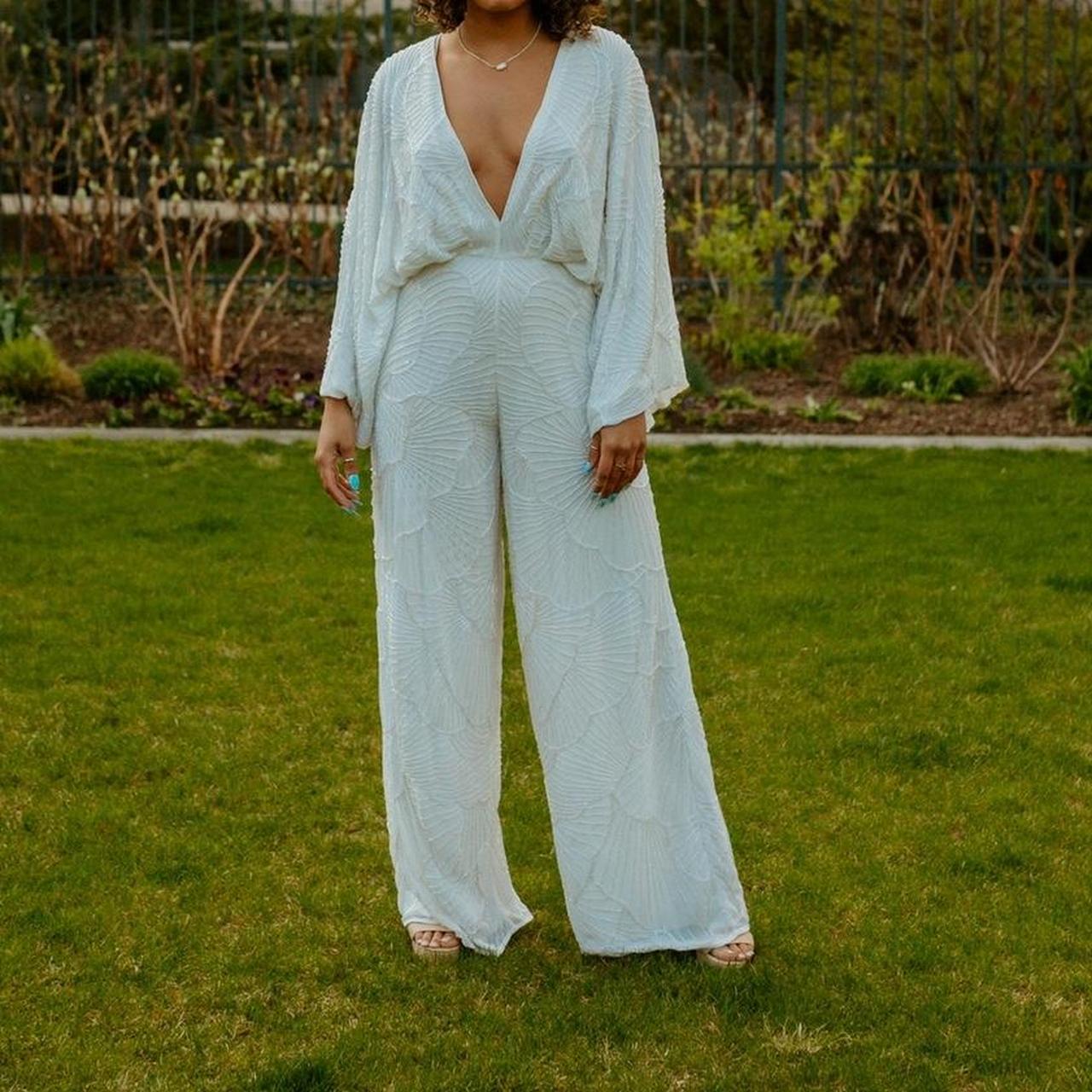 White clearance beaded jumpsuit