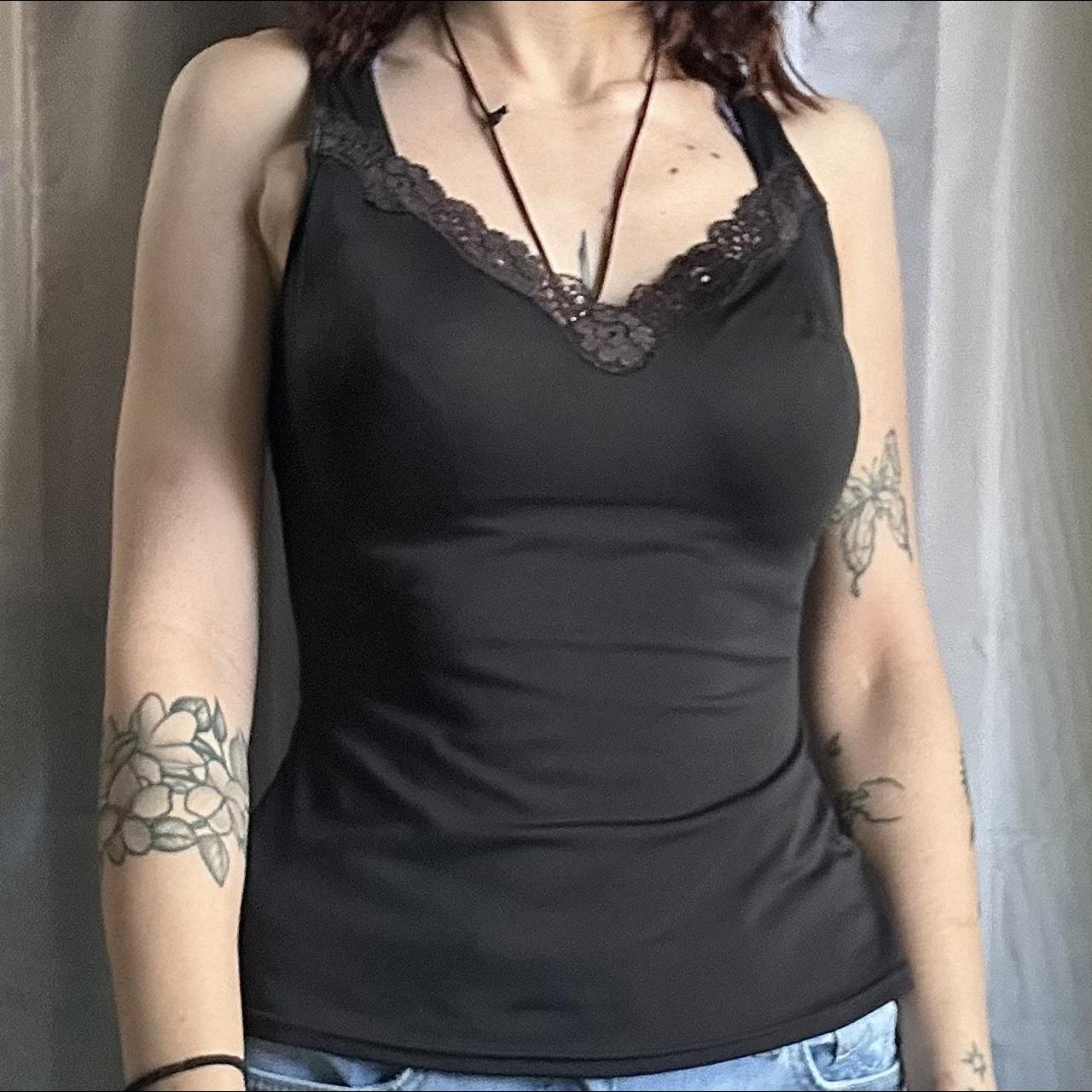 Lace trim v-neck tank top, very stretchy material... - Depop