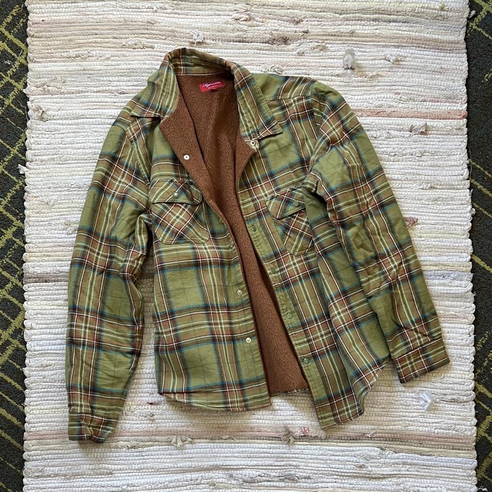 Olive and Teal Supreme Pile Lined Plaid Flannel... - Depop