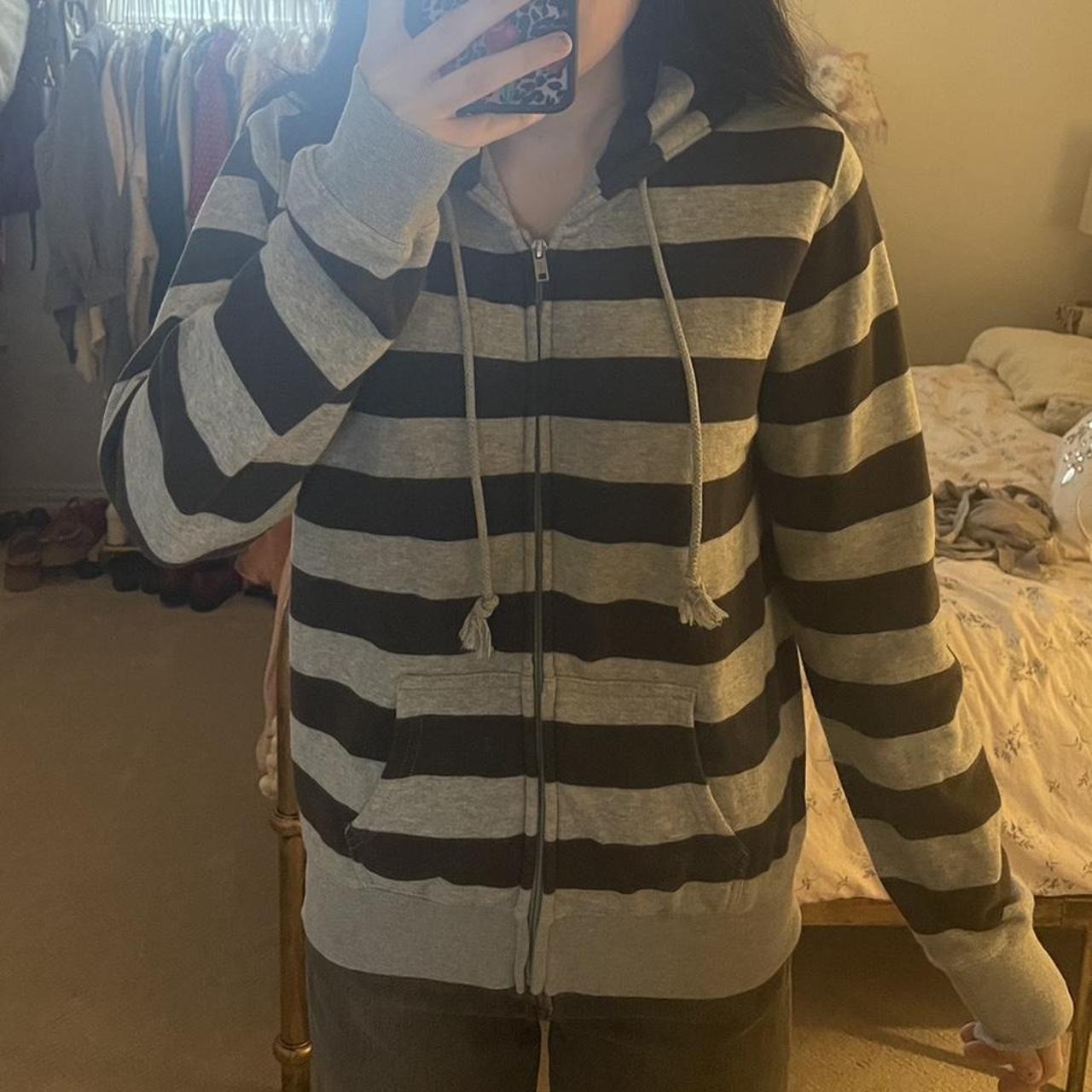 Grey n black striped brandy melville zip up Worn... Depop