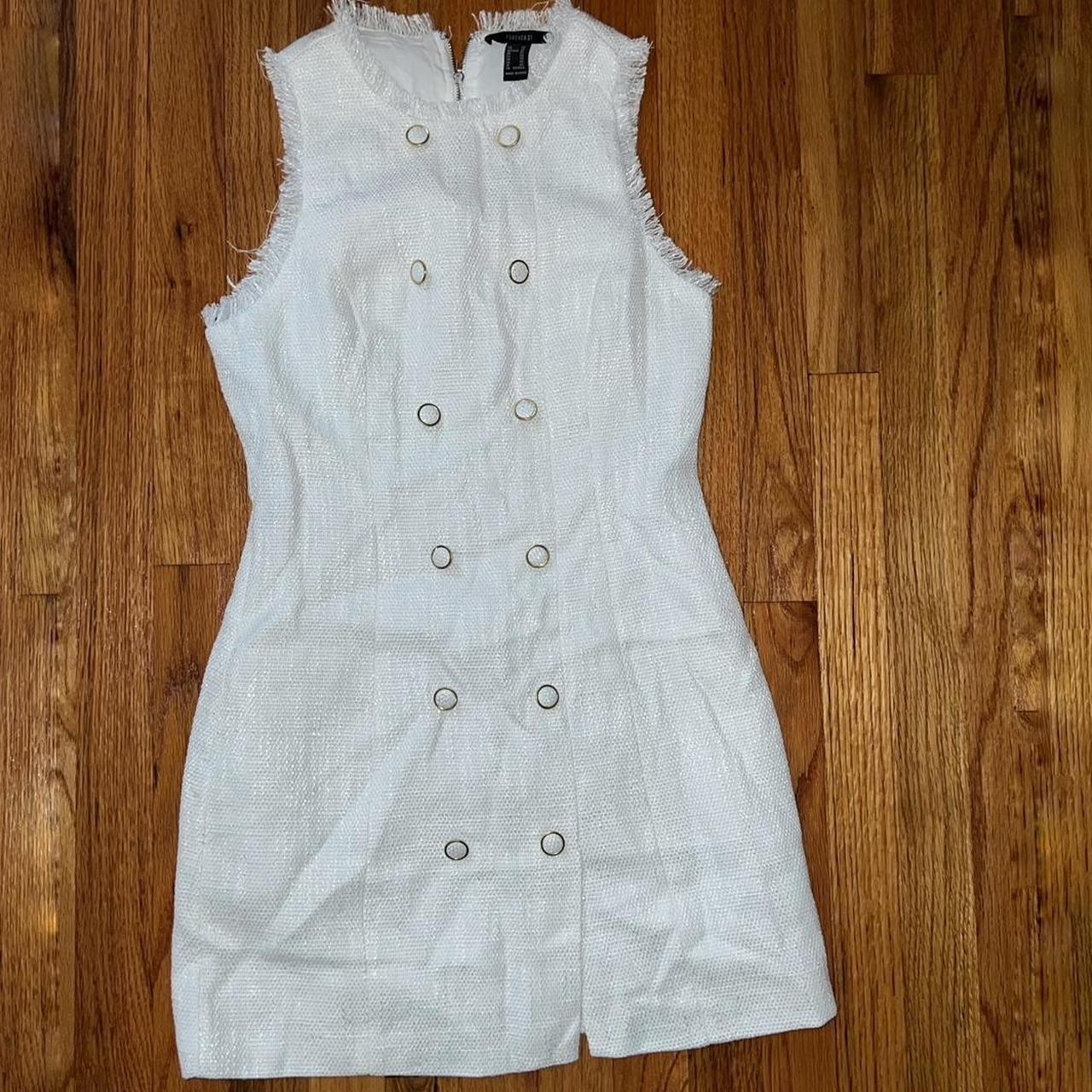 White mini tweed dress with gold accents Depop