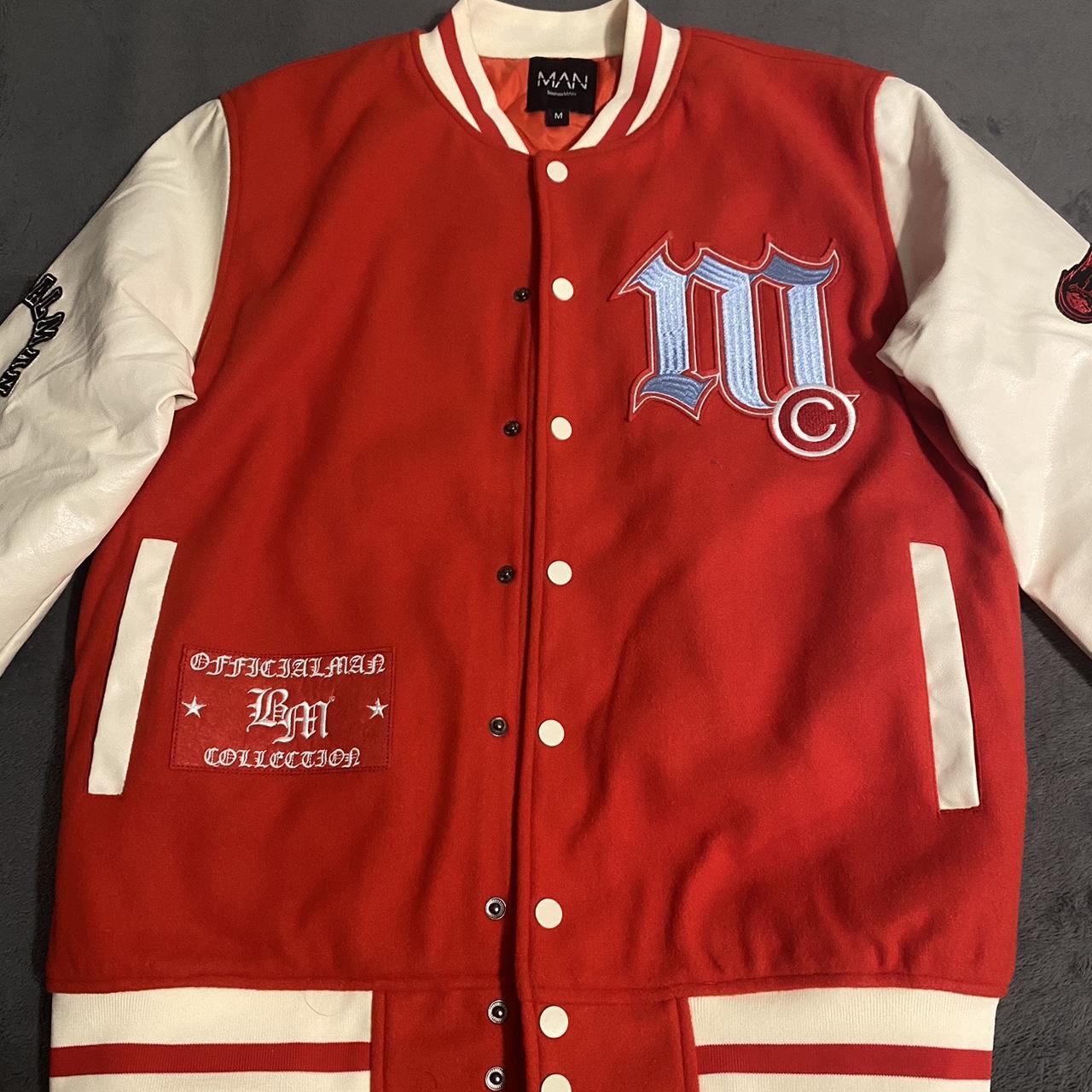 Red & Cream Varsity Bomber Jacket, Satin Material... - Depop