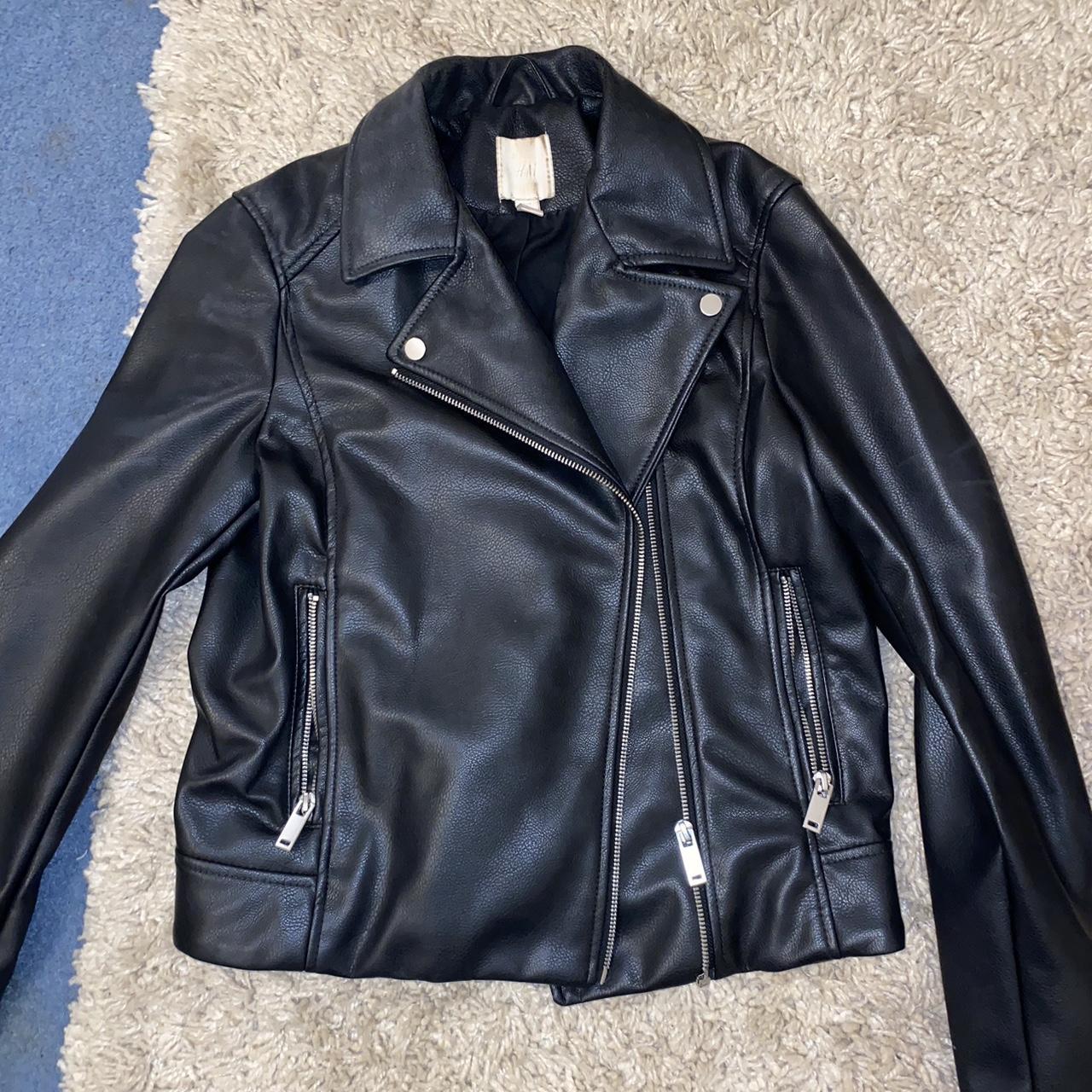 H&M black leather jacket, size medium. True to size,... - Depop