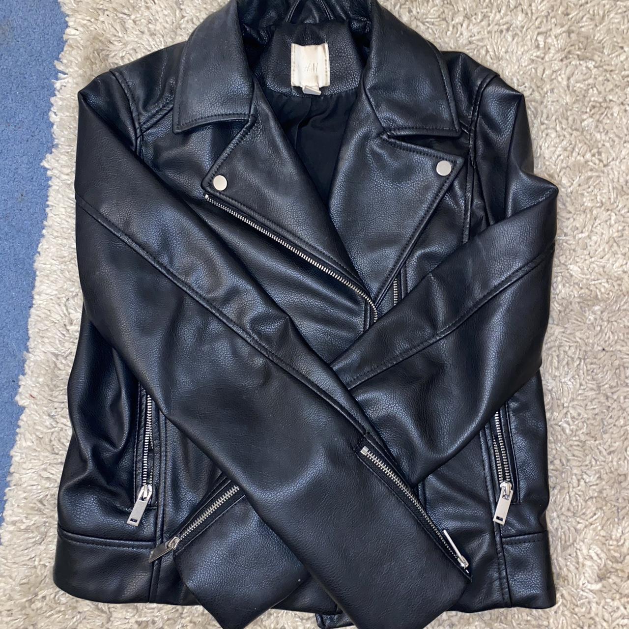 H&M black leather jacket, size medium. True to size,... - Depop