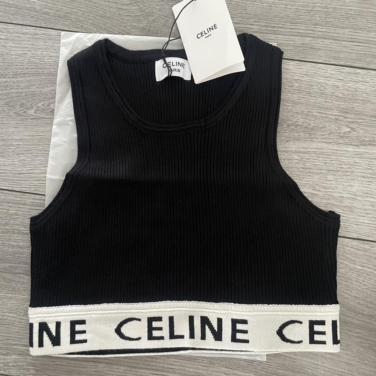 CELINE Women's Black and Cream Crop-top | Depop